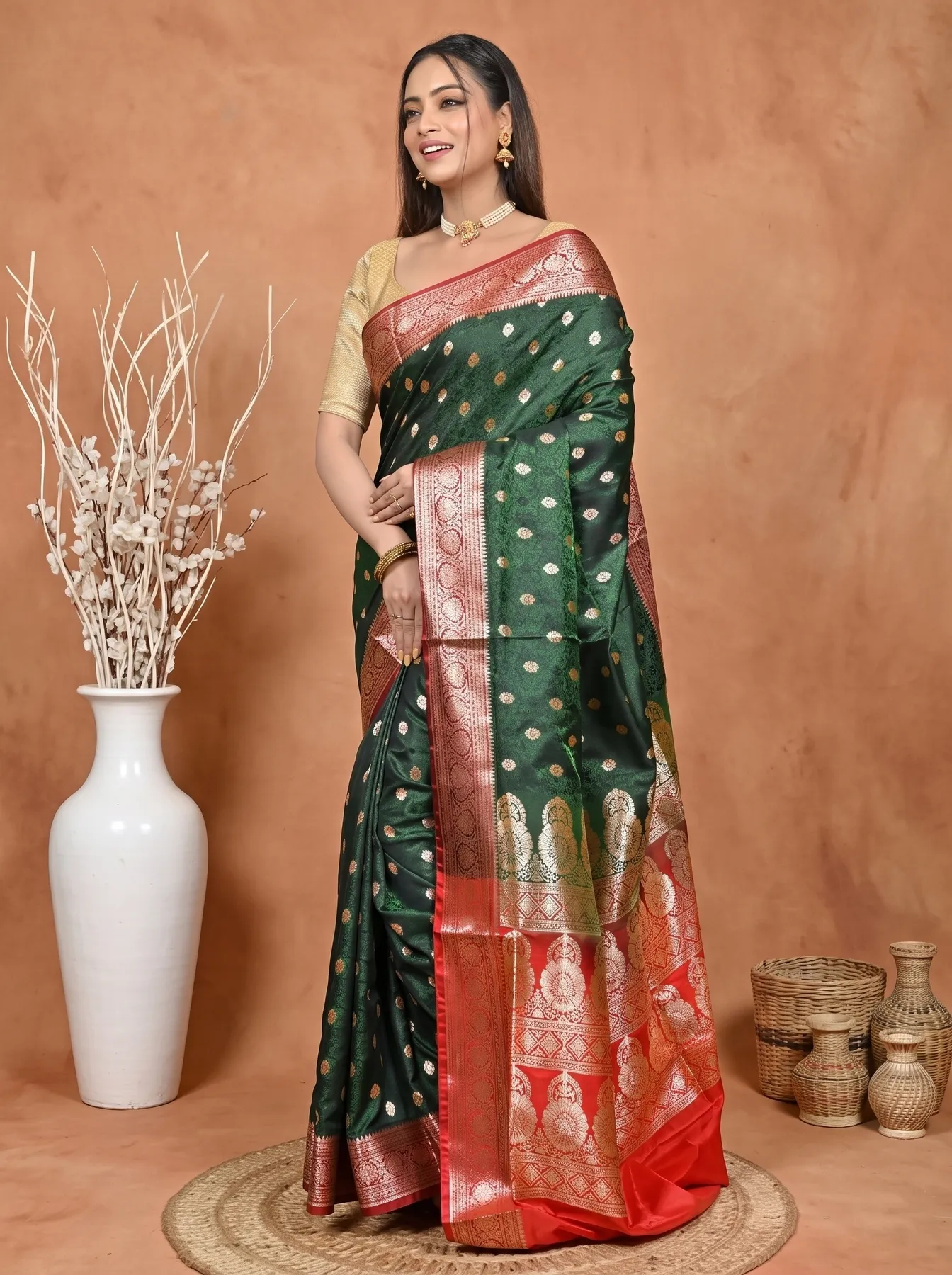 DipDiya Cotton Silk Dark Green Red Samay Heritage of Bengali Kathan Sarees