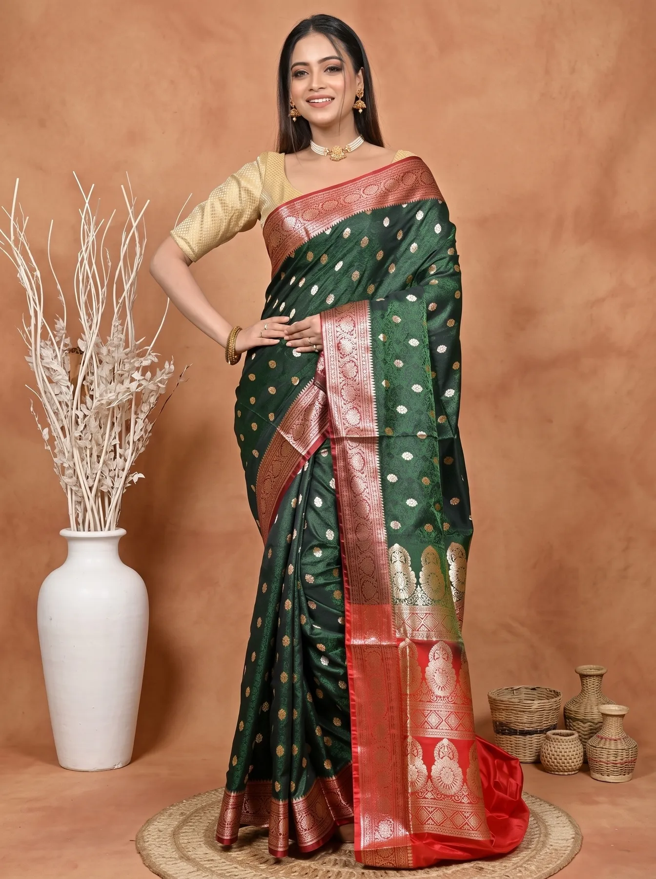 DipDiya Cotton Silk Dark Green Red Samay Heritage of Bengali Kathan Sarees