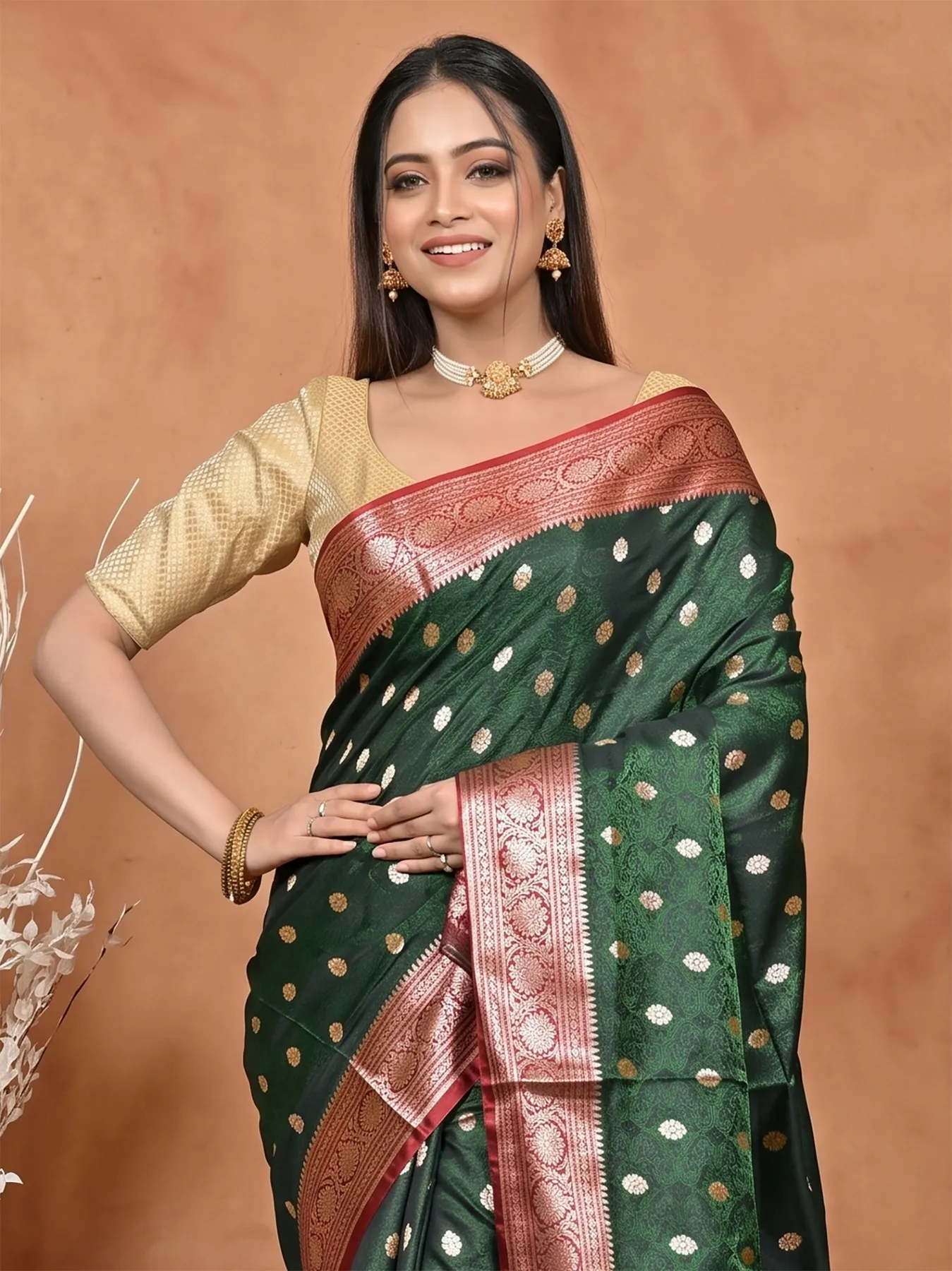 DipDiya Cotton Silk Dark Green Red Samay Heritage of Bengali Kathan Sarees