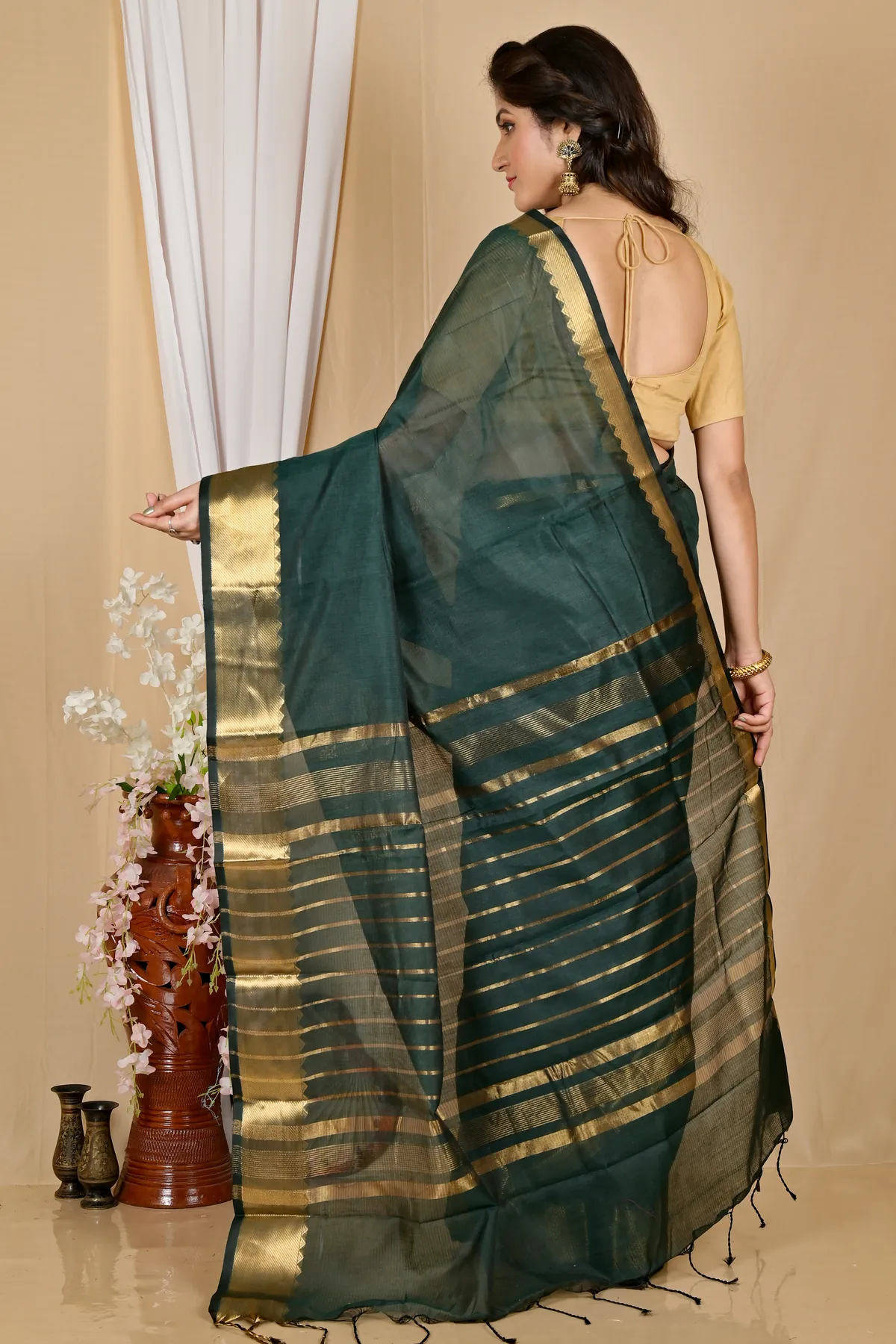 DipDiya Cotton Silk Dark Green Sikra Rooted in Bengal Handloom Sarees
