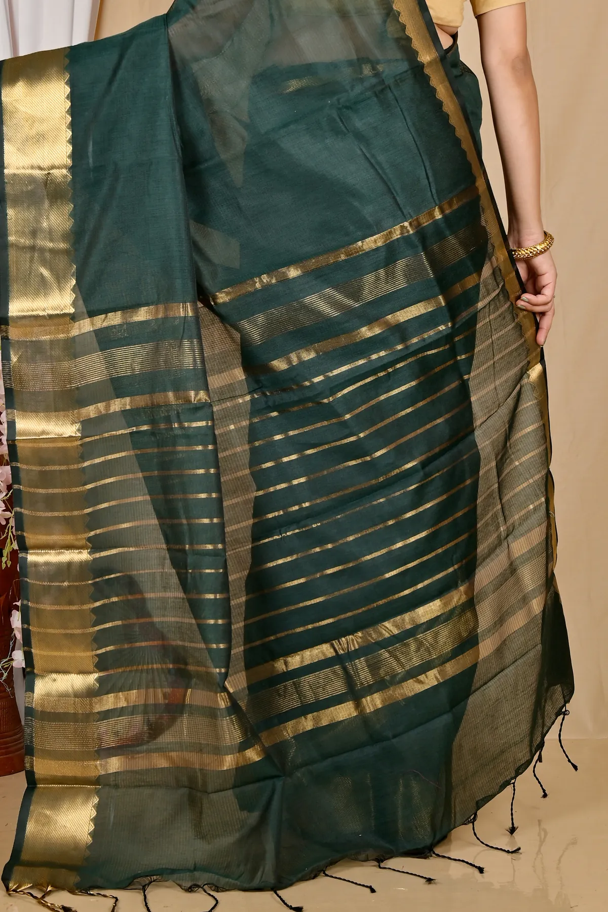 DipDiya Cotton Silk Dark Green Sikra Rooted in Bengal Handloom Sarees