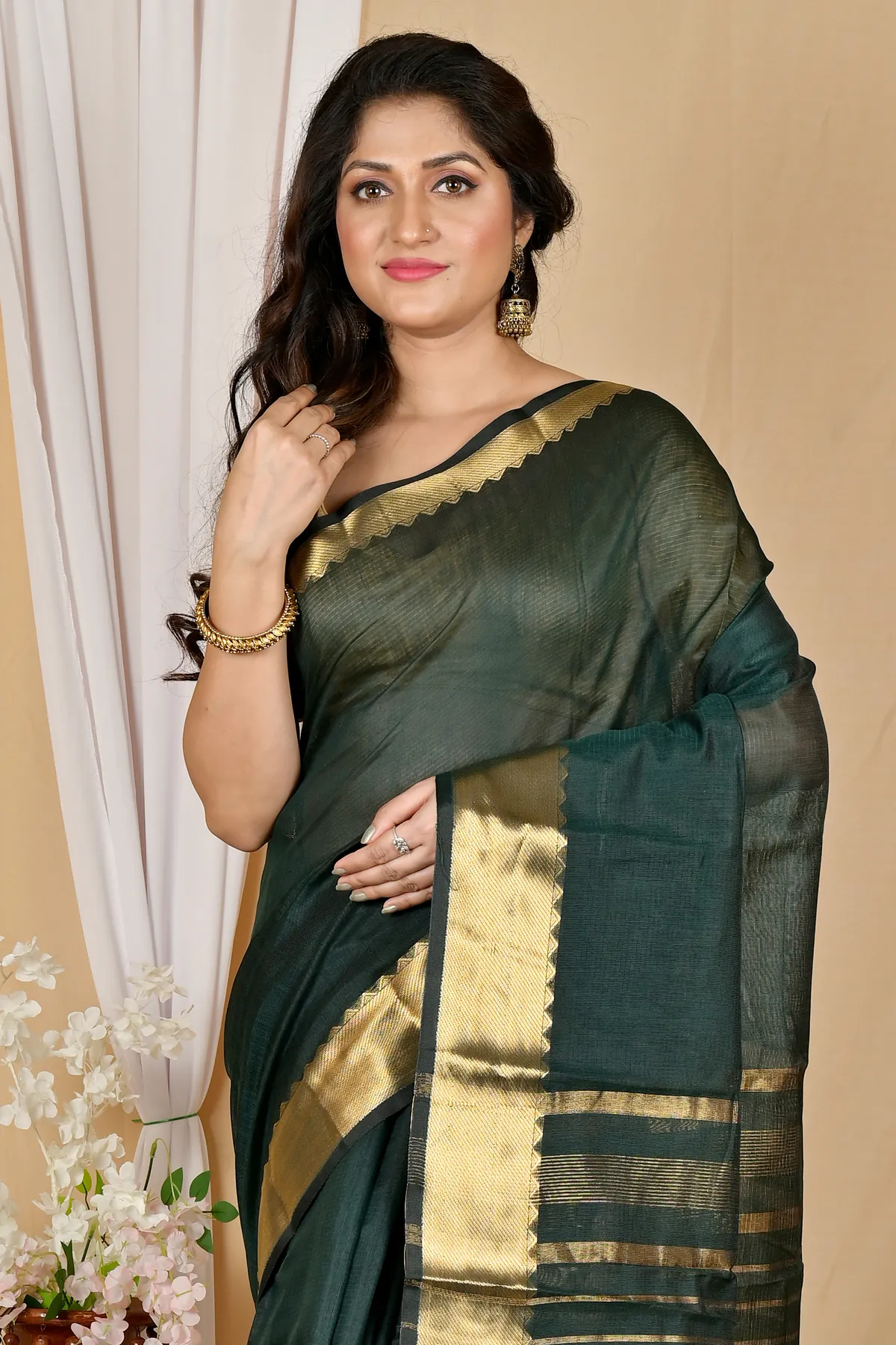 DipDiya Cotton Silk Dark Green Sikra Rooted in Bengal Handloom Sarees