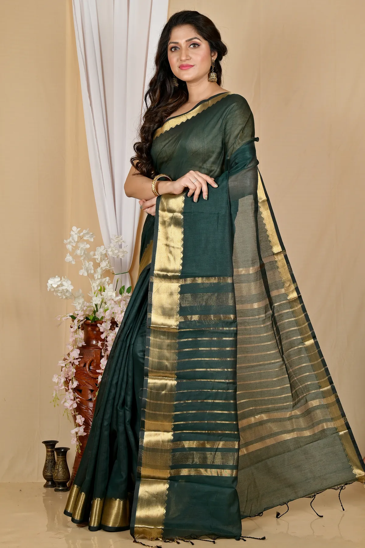DipDiya Cotton Silk Dark Green Sikra Rooted in Bengal Handloom Sarees
