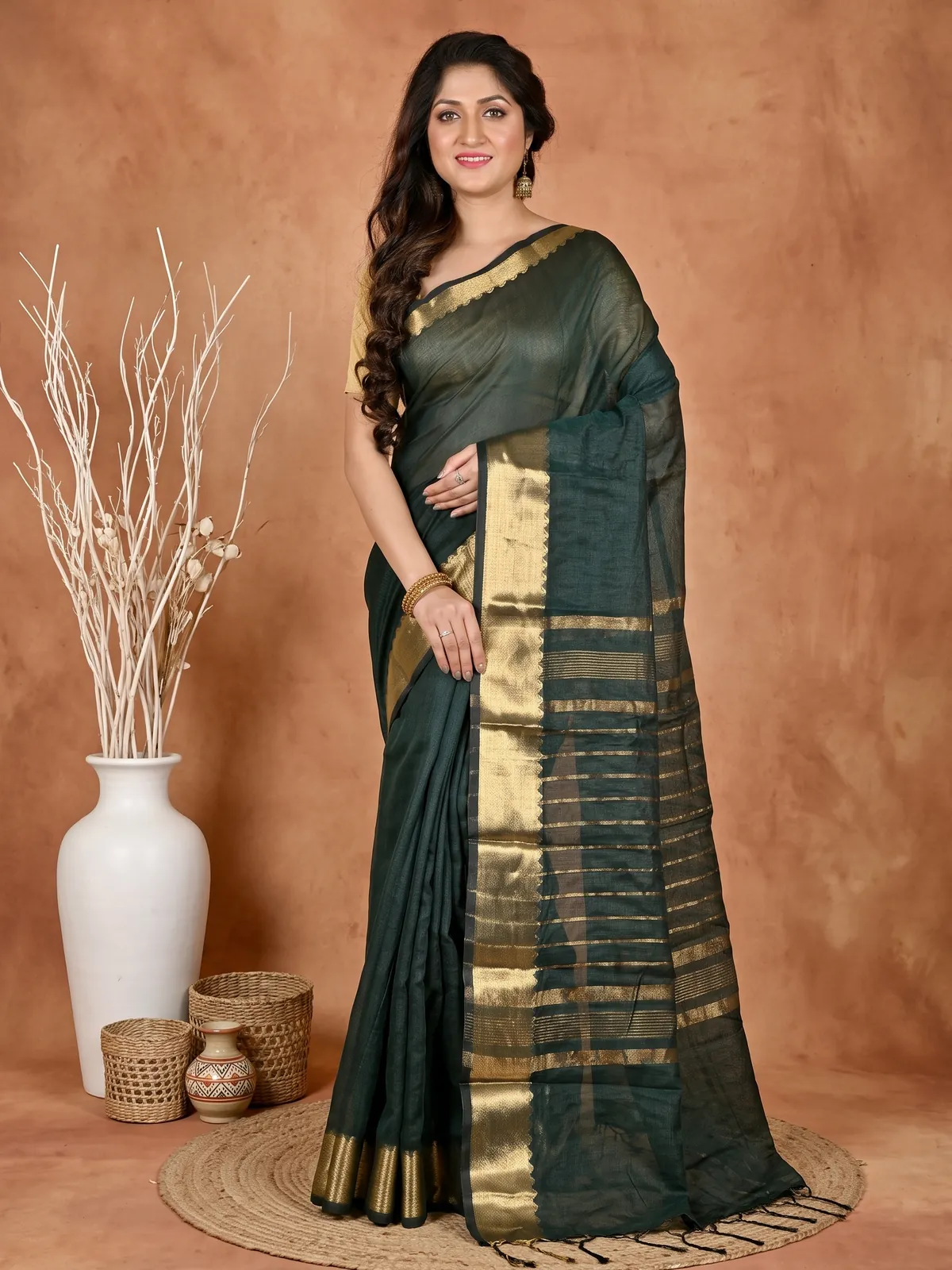 DipDiya Cotton Silk Dark Green Sikra Rooted in Bengal Handloom Sarees