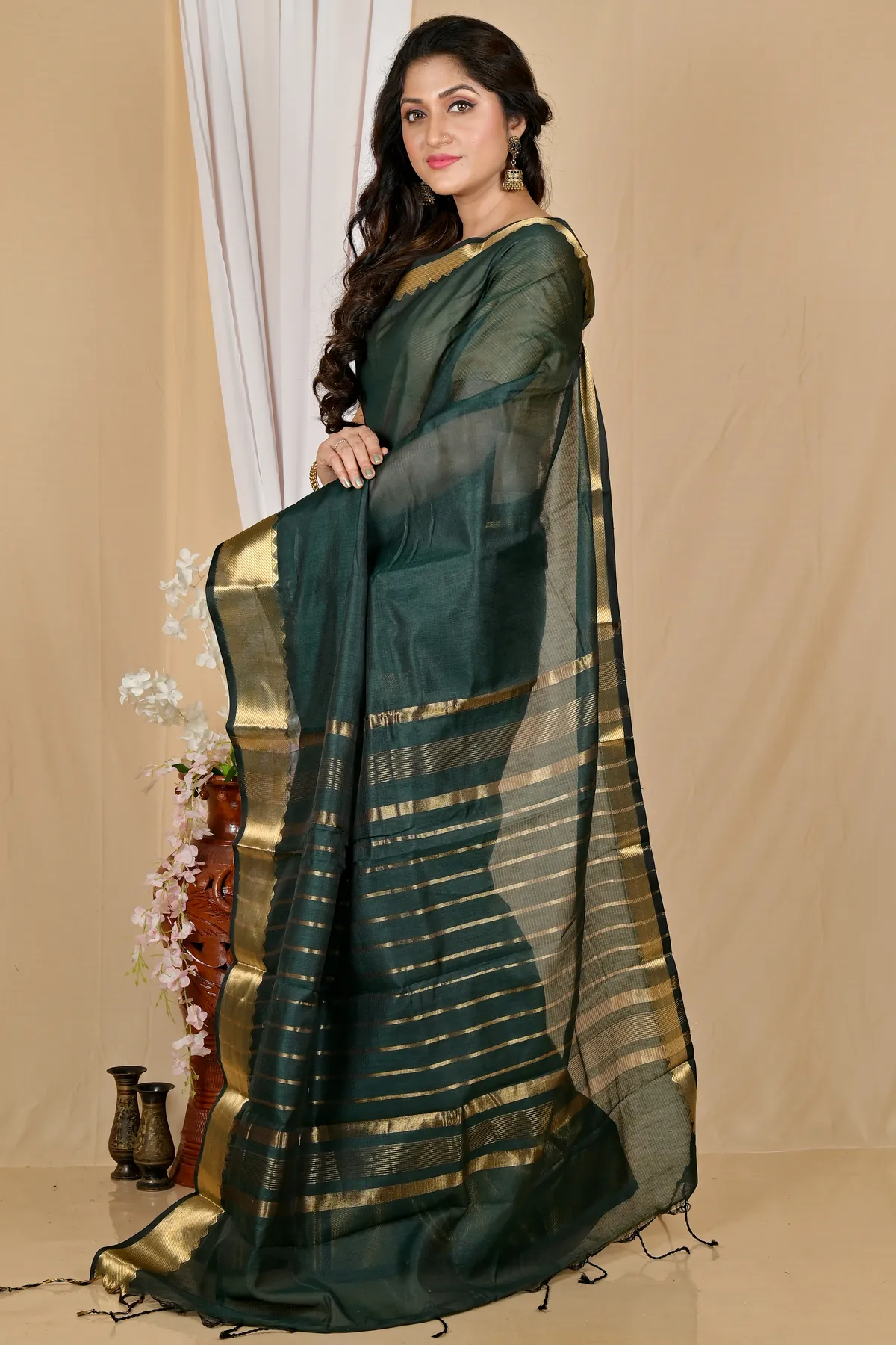 DipDiya Cotton Silk Dark Green Sikra Rooted in Bengal Handloom Sarees