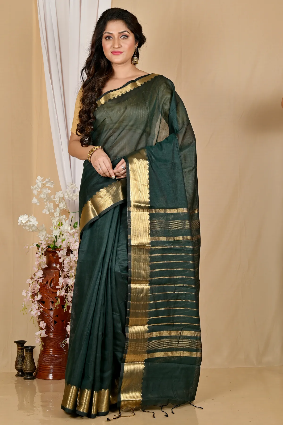 DipDiya Cotton Silk Dark Green Sikra Rooted in Bengal Handloom Sarees