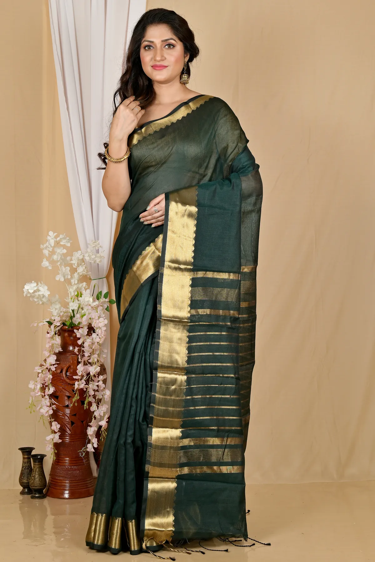 DipDiya Cotton Silk Dark Green Sikra Rooted in Bengal Handloom Sarees