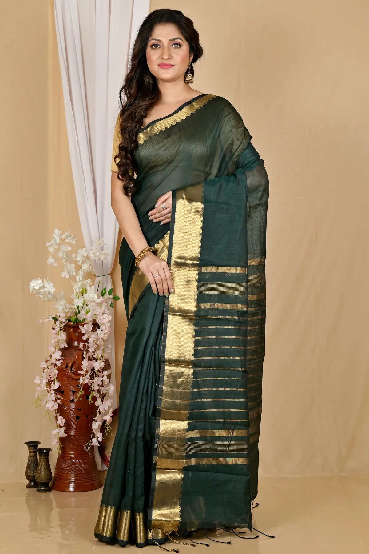 DipDiya Cotton Silk Dark Green Sikra Rooted in Bengal Handloom Sarees
