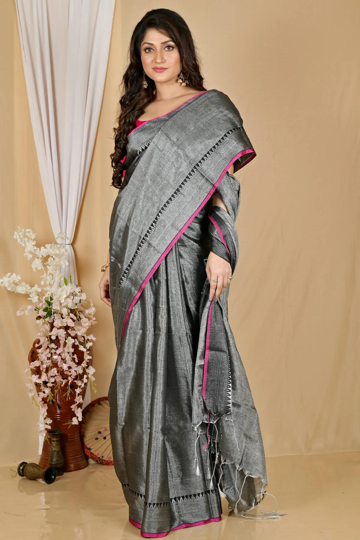 DipDiya Cotton Silk Dark Grey Tisuka Par Woven with Love Handloom Sarees