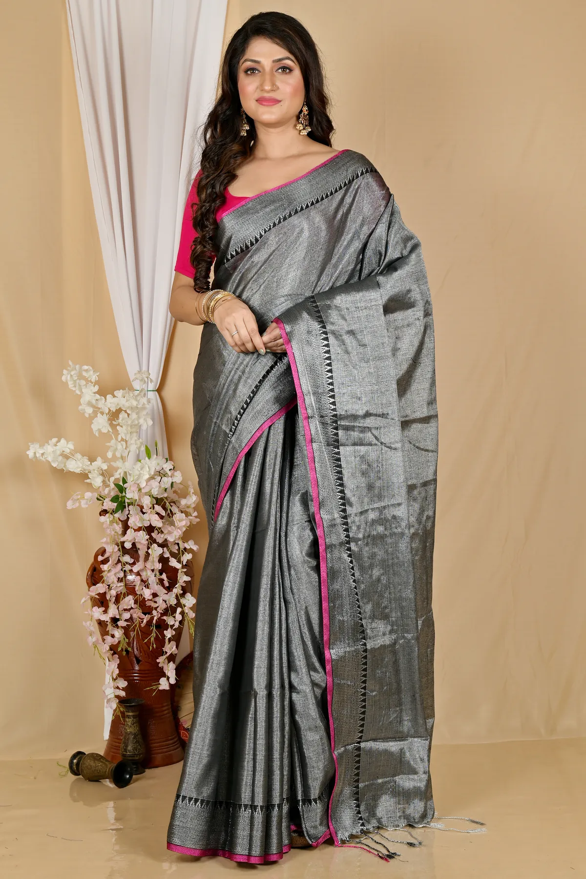 DipDiya Cotton Silk Dark Grey Tisuka Par Woven with Love Handloom Sarees