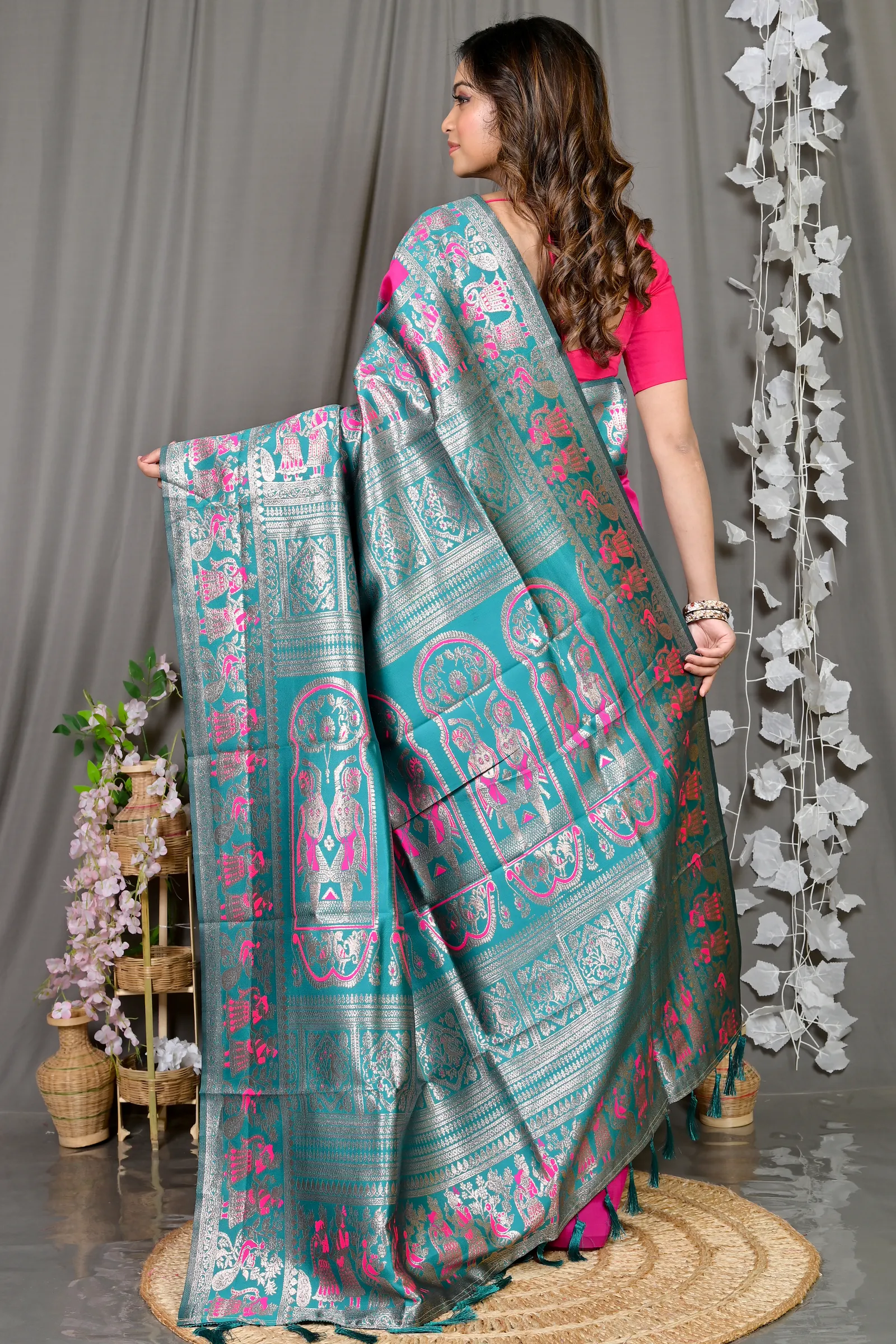 DipDiya Cotton Silk Dark Pink Green Parza Bengal’s Tradition Baluchari Sarees