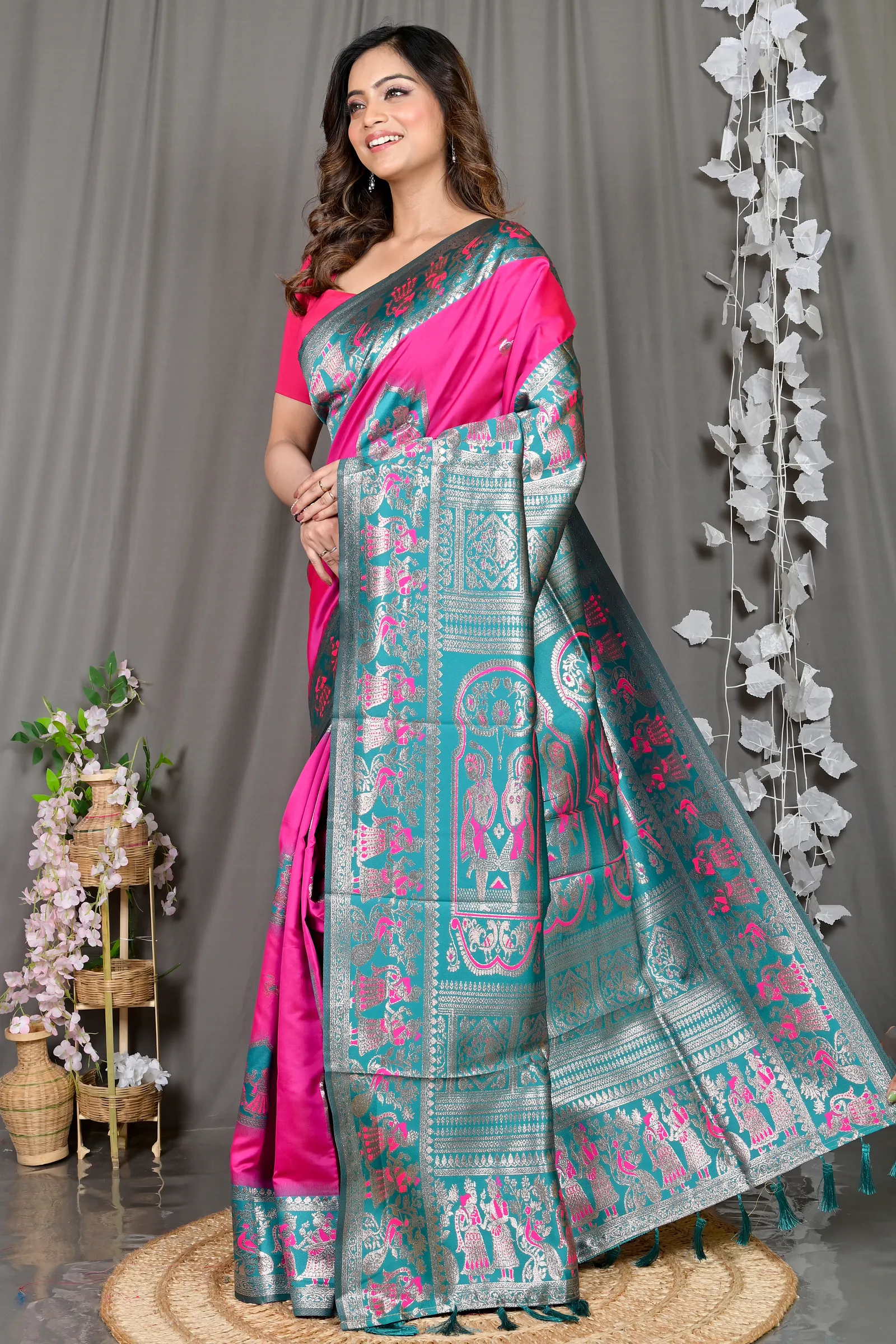 DipDiya Cotton Silk Dark Pink Green Parza Bengal’s Tradition Baluchari Sarees