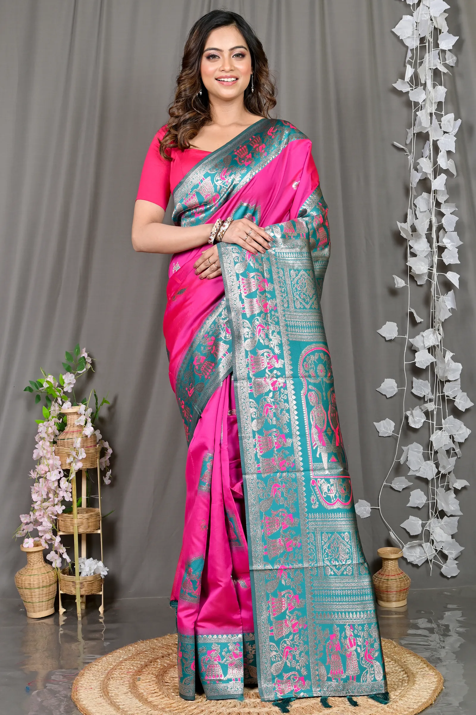 DipDiya Cotton Silk Dark Pink Green Parza Bengal’s Tradition Baluchari Sarees