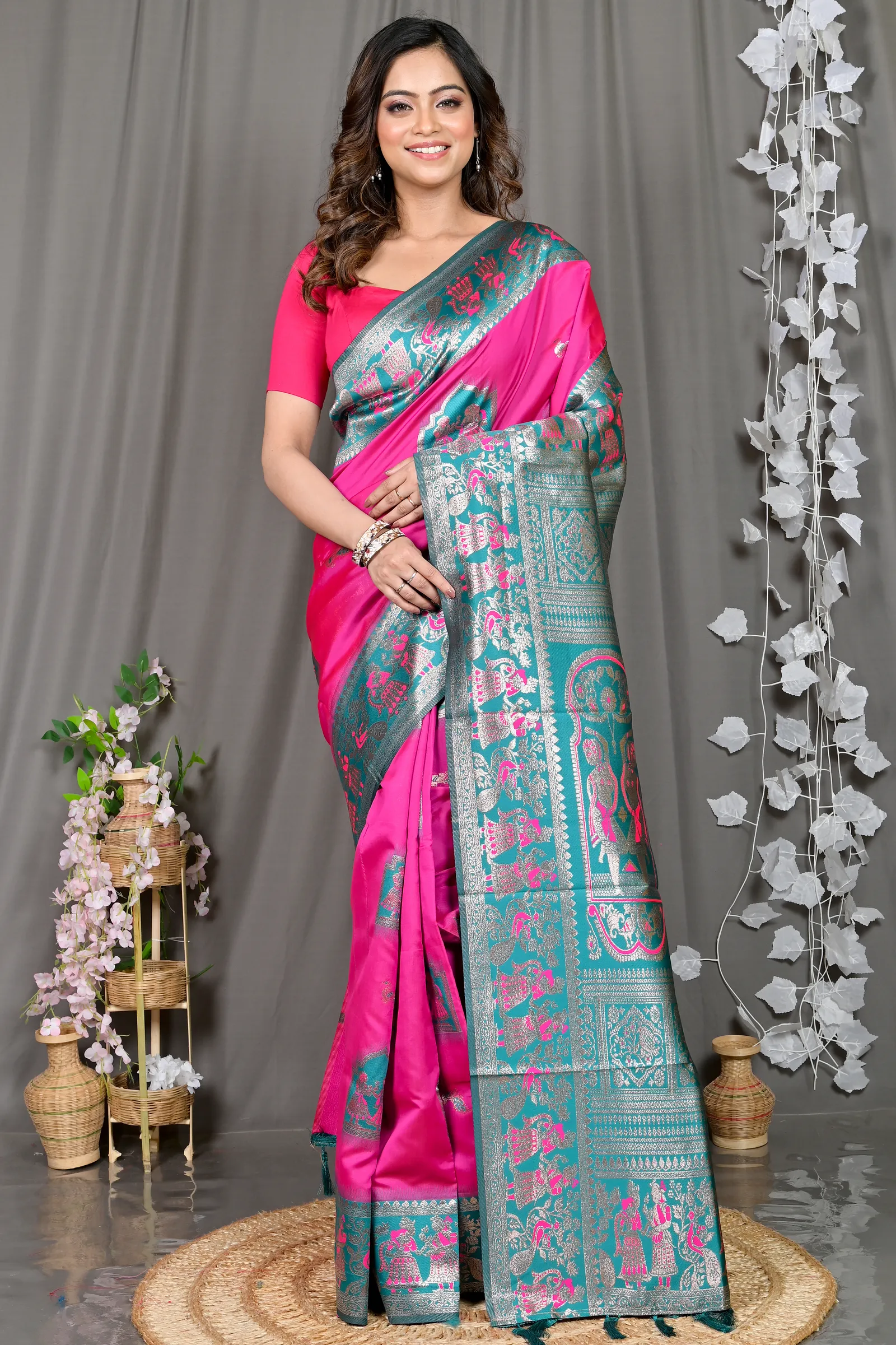 DipDiya Cotton Silk Dark Pink Green Parza Bengal’s Tradition Baluchari Sarees
