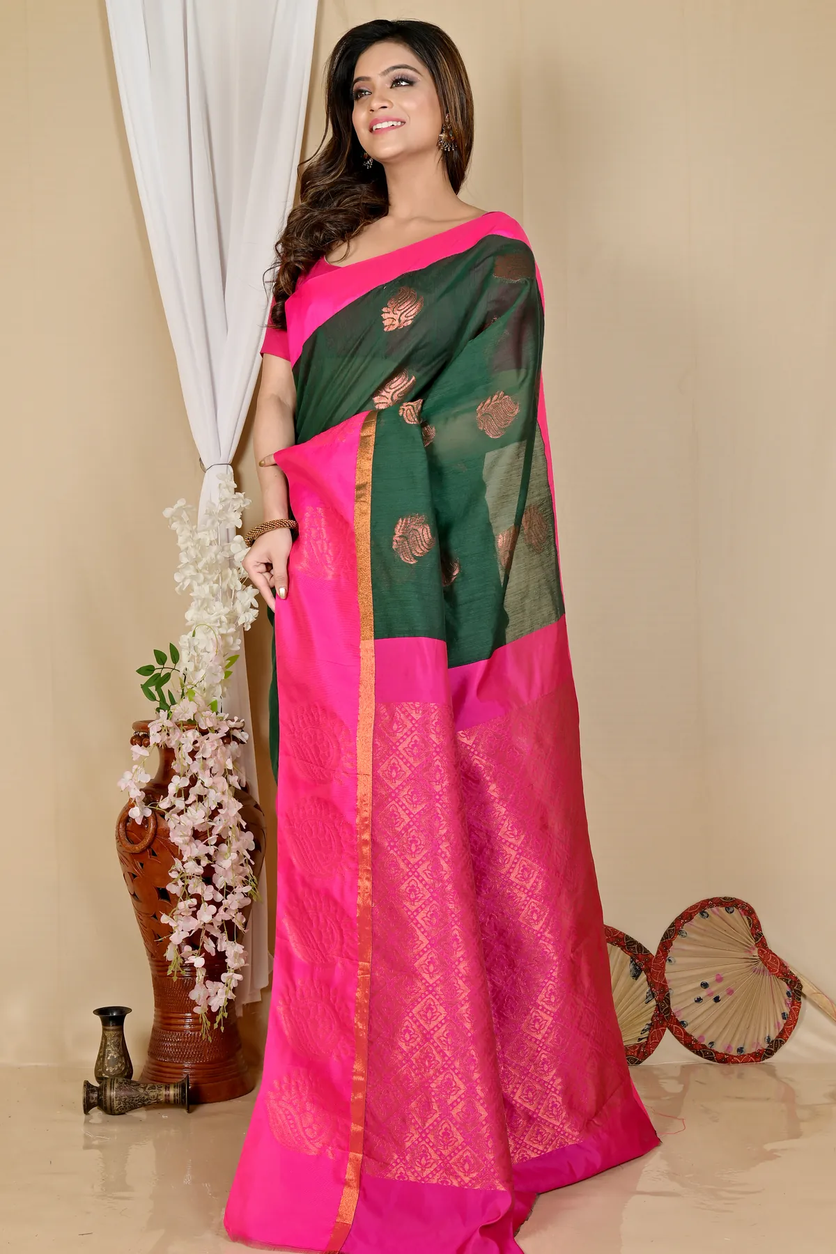 DipDiya Cotton Silk Drak Green Purple Kakin Elegance in Every Weave Handloom Sarees