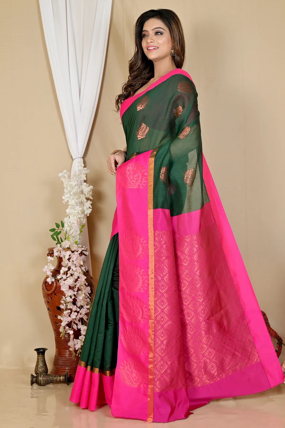 DipDiya Cotton Silk Drak Green Purple Kakin Elegance in Every Weave Handloom Sarees