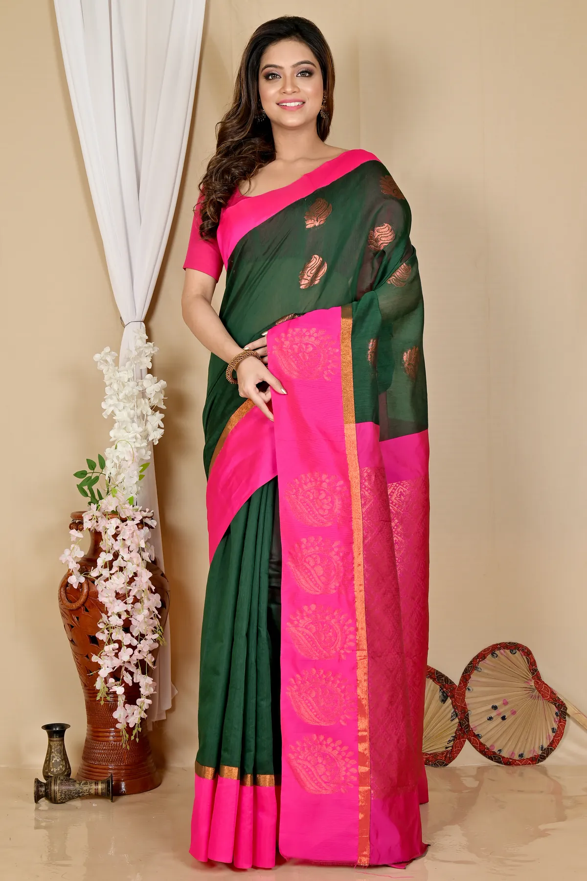 DipDiya Cotton Silk Drak Green Purple Kakin Elegance in Every Weave Handloom Sarees