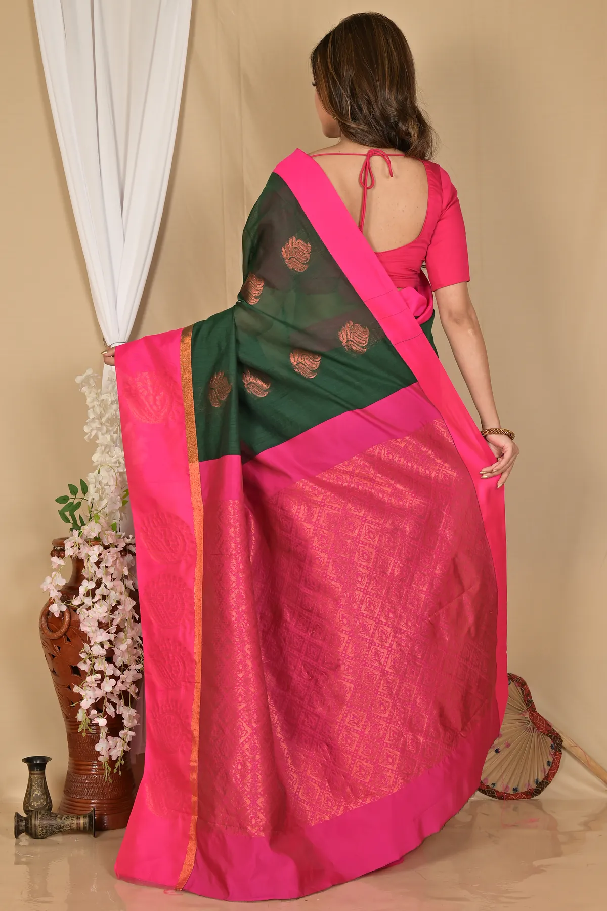 DipDiya Cotton Silk Drak Green Purple Kakin Elegance in Every Weave Handloom Sarees