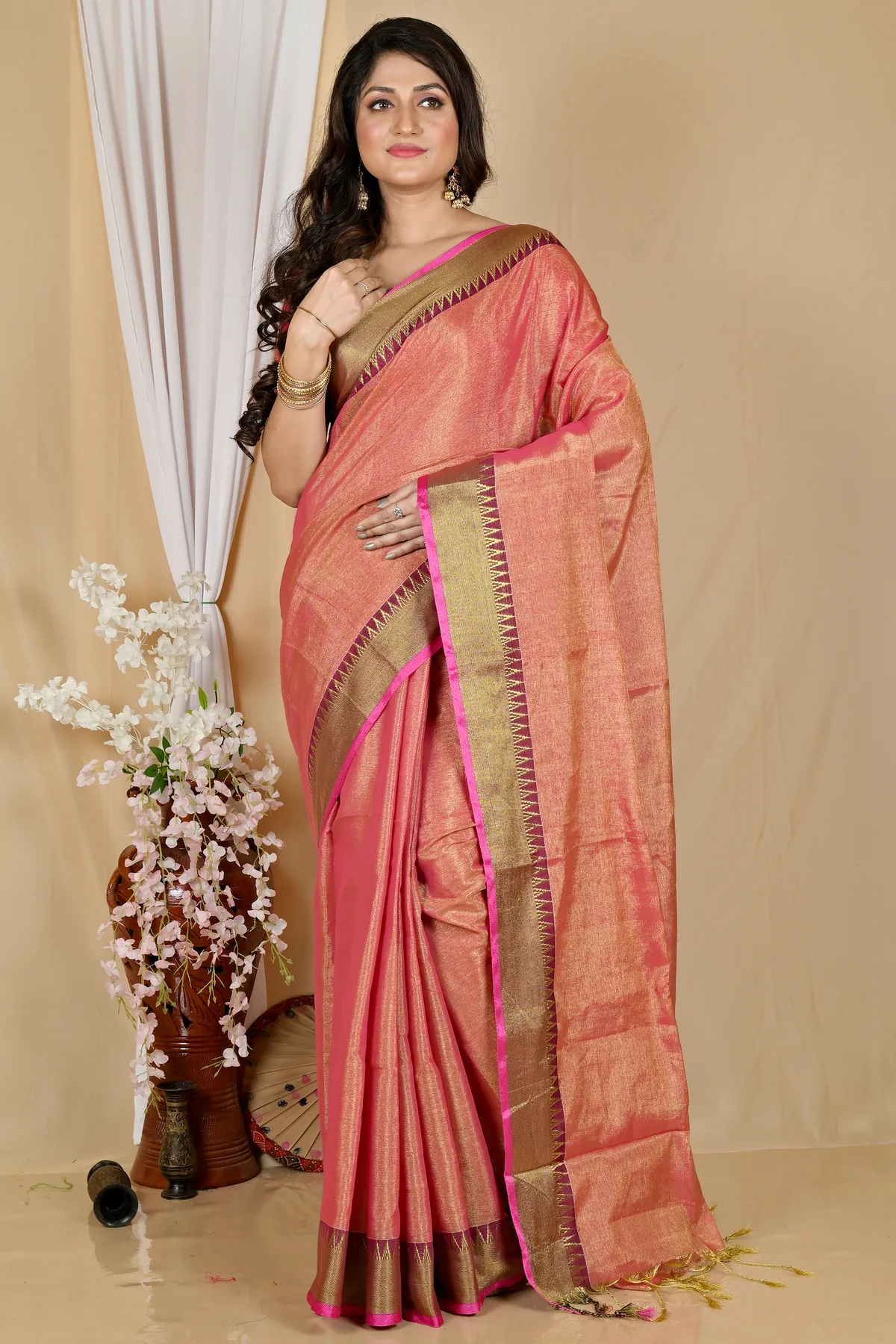 DipDiya Cotton Silk Golden Pink Tisuka Par Woven with Tradition Handloom Sarees