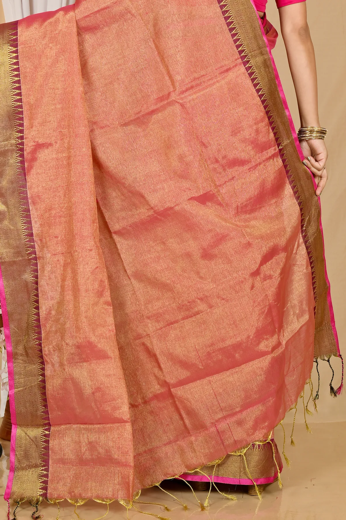 DipDiya Cotton Silk Golden Pink Tisuka Par Woven with Tradition Handloom Sarees
