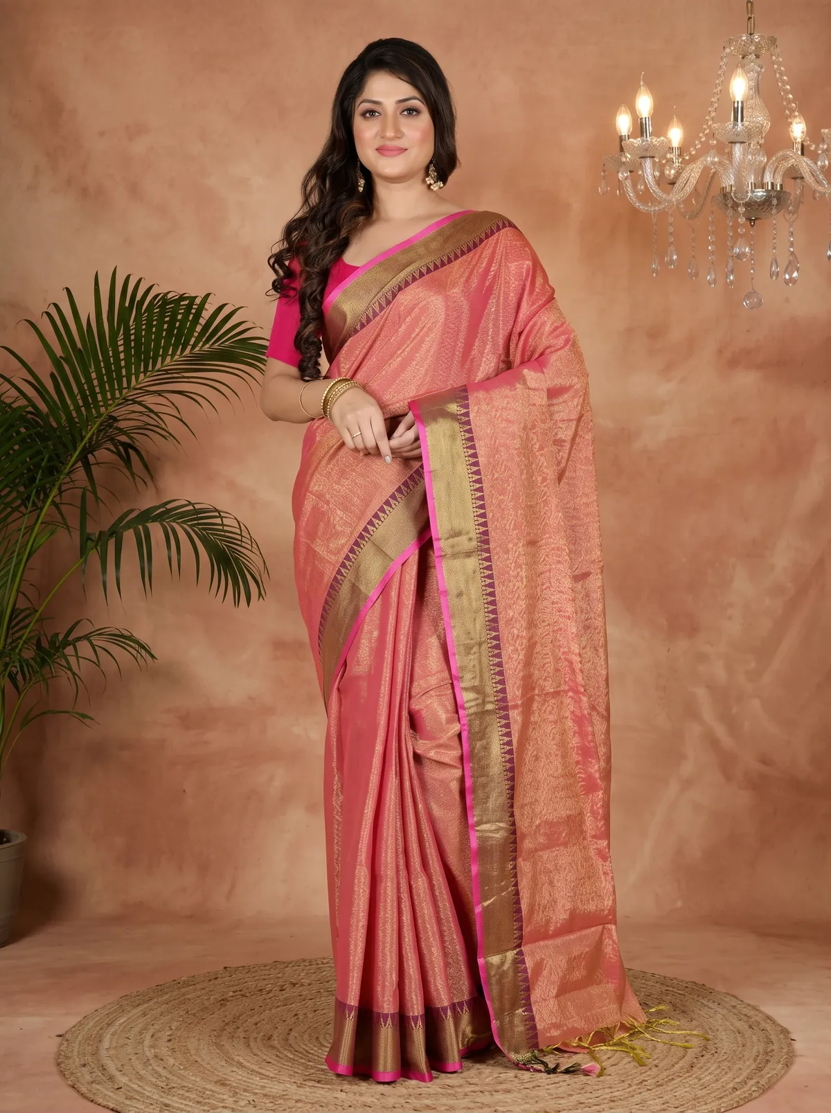DipDiya Cotton Silk Golden Pink Tisuka Par Woven with Tradition Handloom Sarees