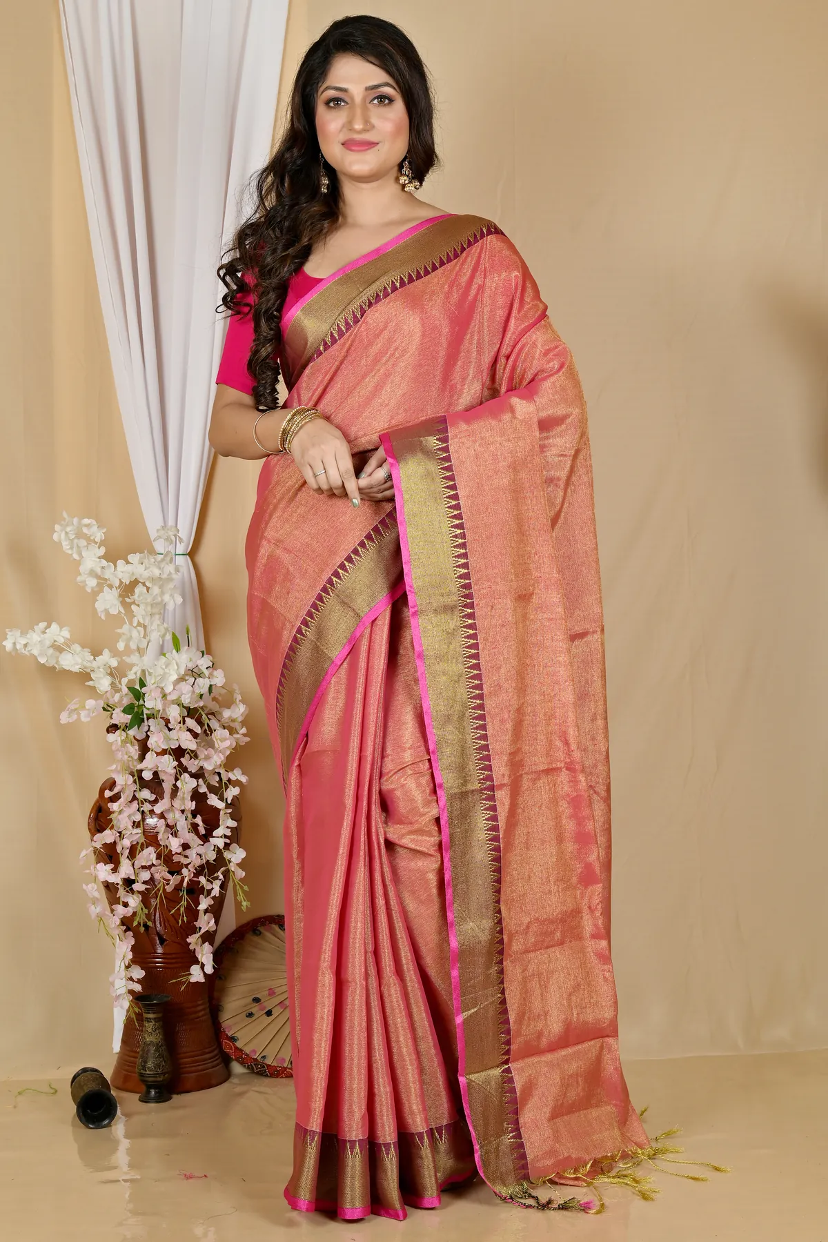 DipDiya Cotton Silk Golden Pink Tisuka Par Woven with Tradition Handloom Sarees
