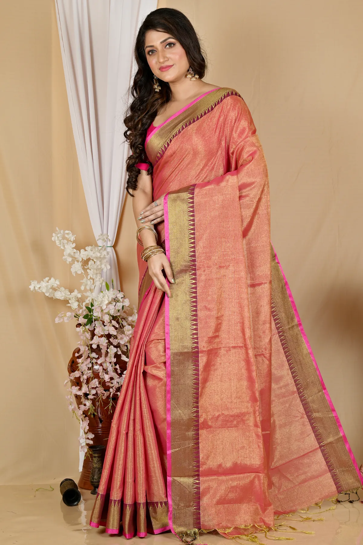 DipDiya Cotton Silk Golden Pink Tisuka Par Woven with Tradition Handloom Sarees