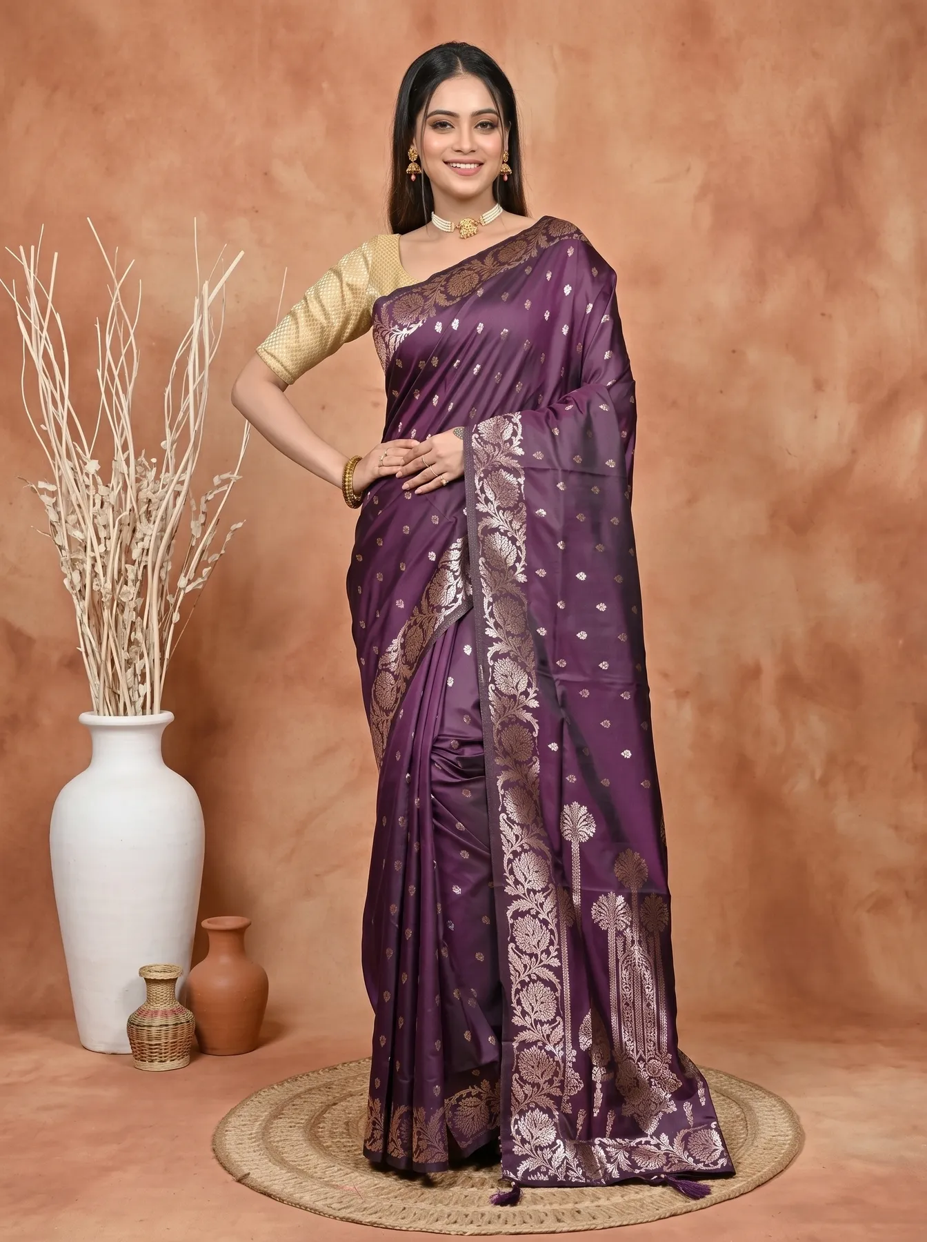 DipDiya Cotton Silk Grape Purple Samina Heritage of Bengali Tanchui Sarees