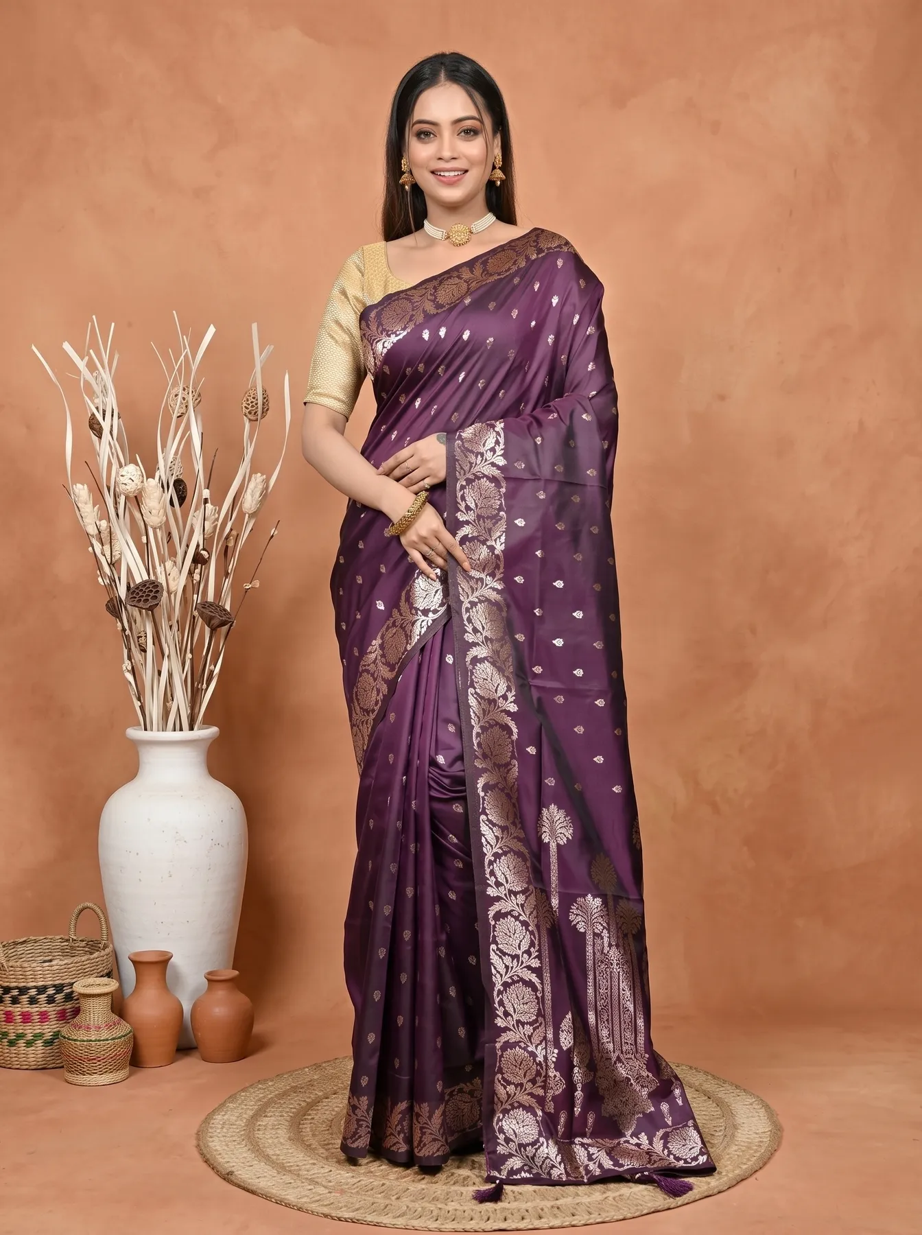 DipDiya Cotton Silk Grape Purple Samina Heritage of Bengali Tanchui Sarees