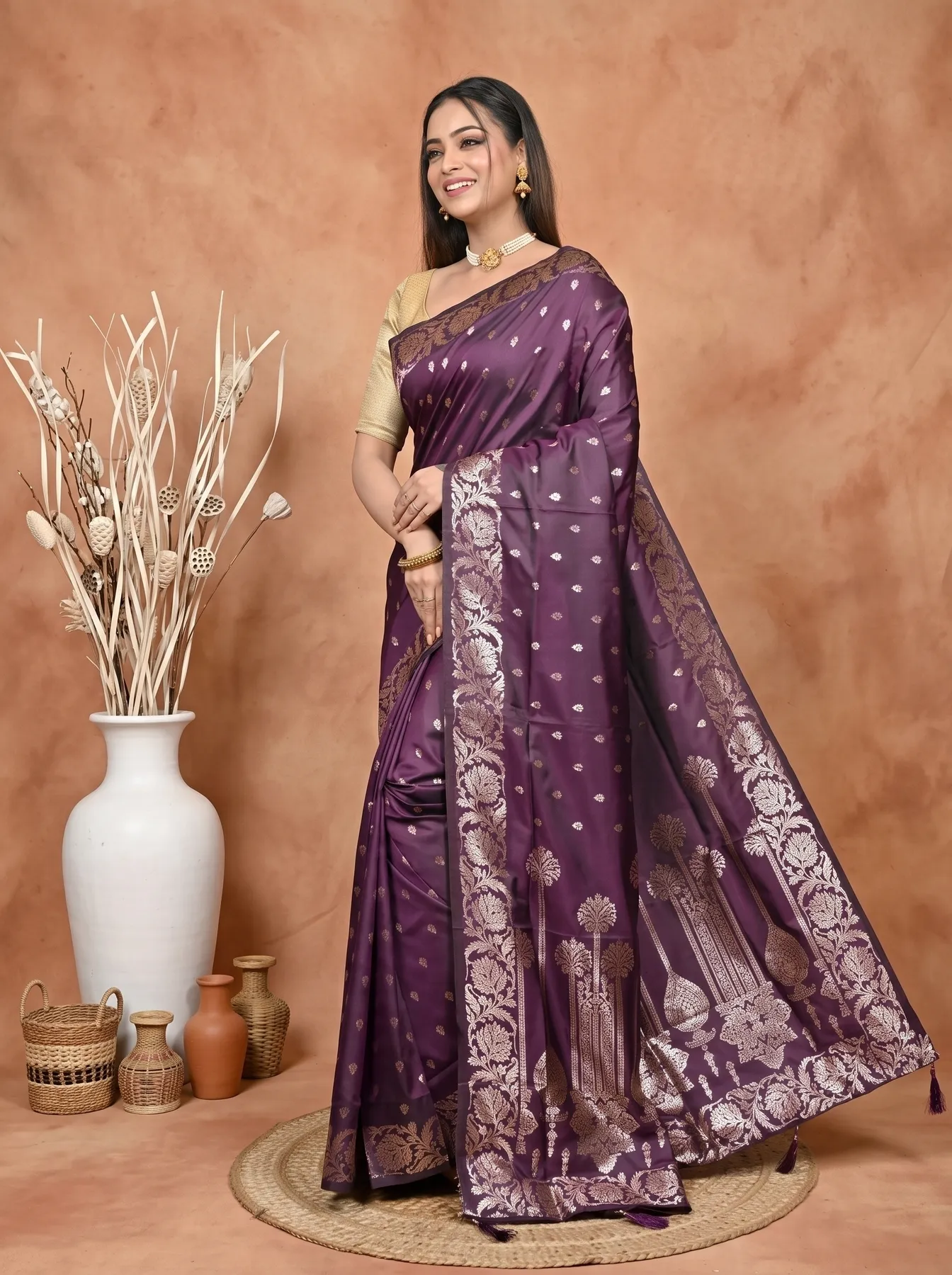 DipDiya Cotton Silk Grape Purple Samina Heritage of Bengali Tanchui Sarees