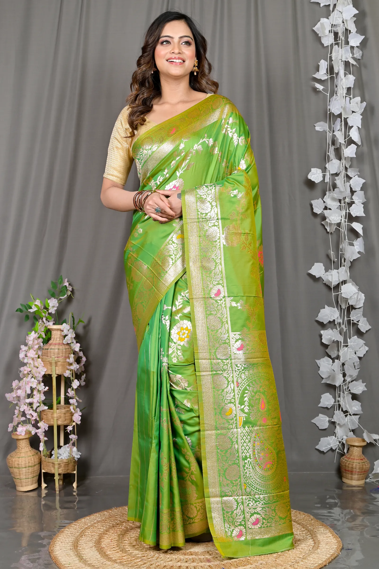 DipDiya Cotton Silk Green Parosha Artisan Crafted Kathan Sarees