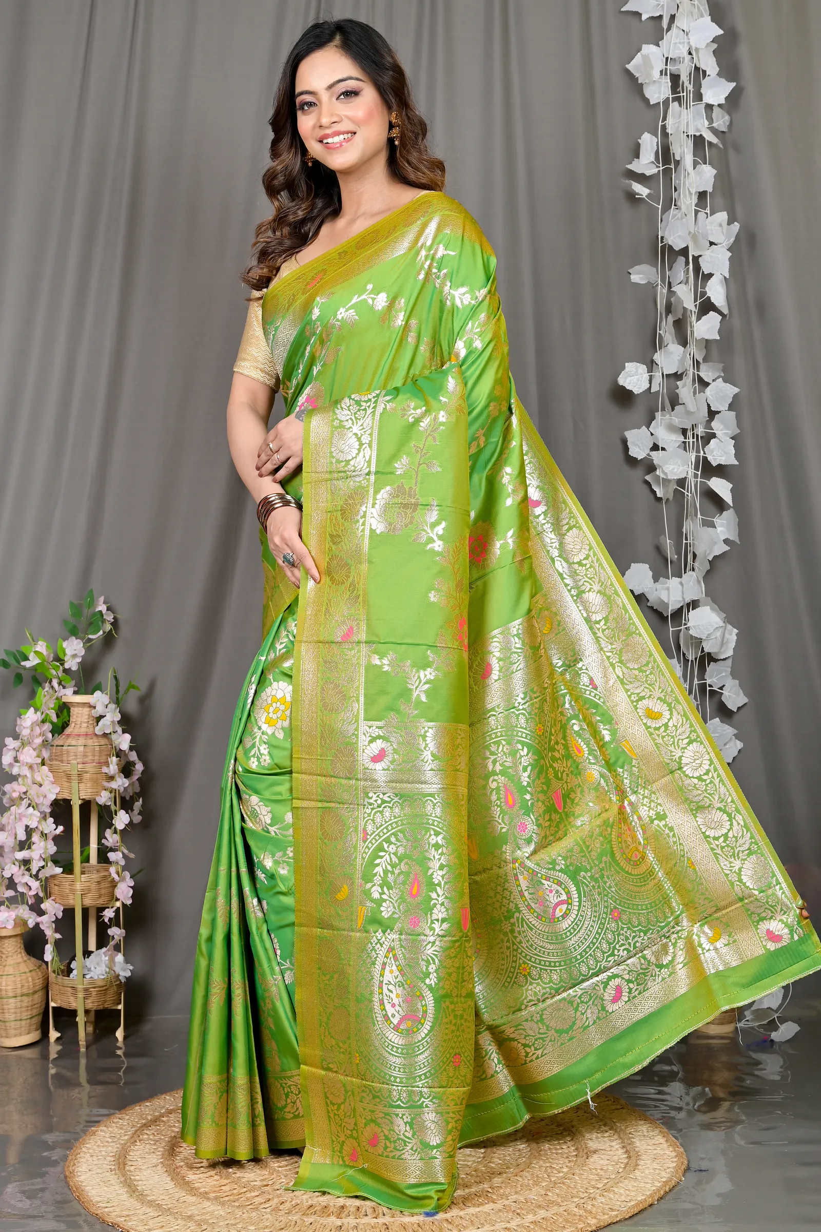 DipDiya Cotton Silk Green Parosha Artisan Crafted Kathan Sarees