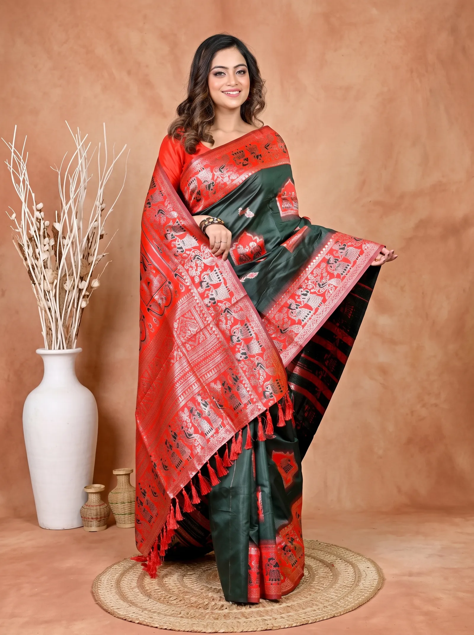 DipDiya Cotton Silk Green Red Parza Artisan Crafted Baluchari Sarees