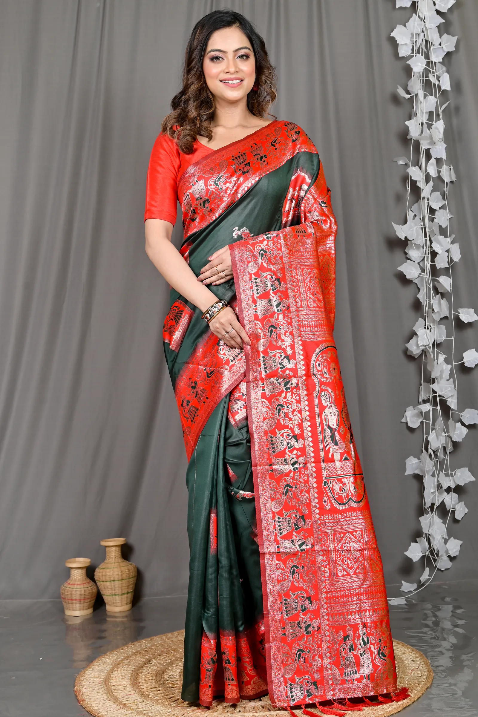 DipDiya Cotton Silk Green Red Parza Artisan Crafted Baluchari Sarees
