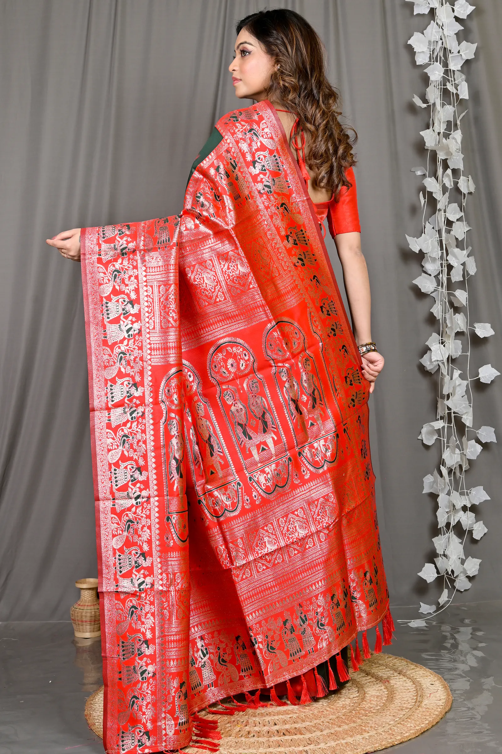 DipDiya Cotton Silk Green Red Parza Artisan Crafted Baluchari Sarees