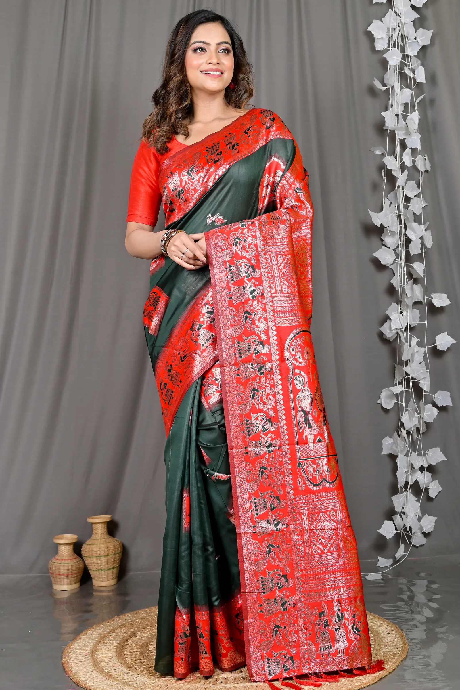 DipDiya Cotton Silk Green Red Parza Artisan Crafted Baluchari Sarees