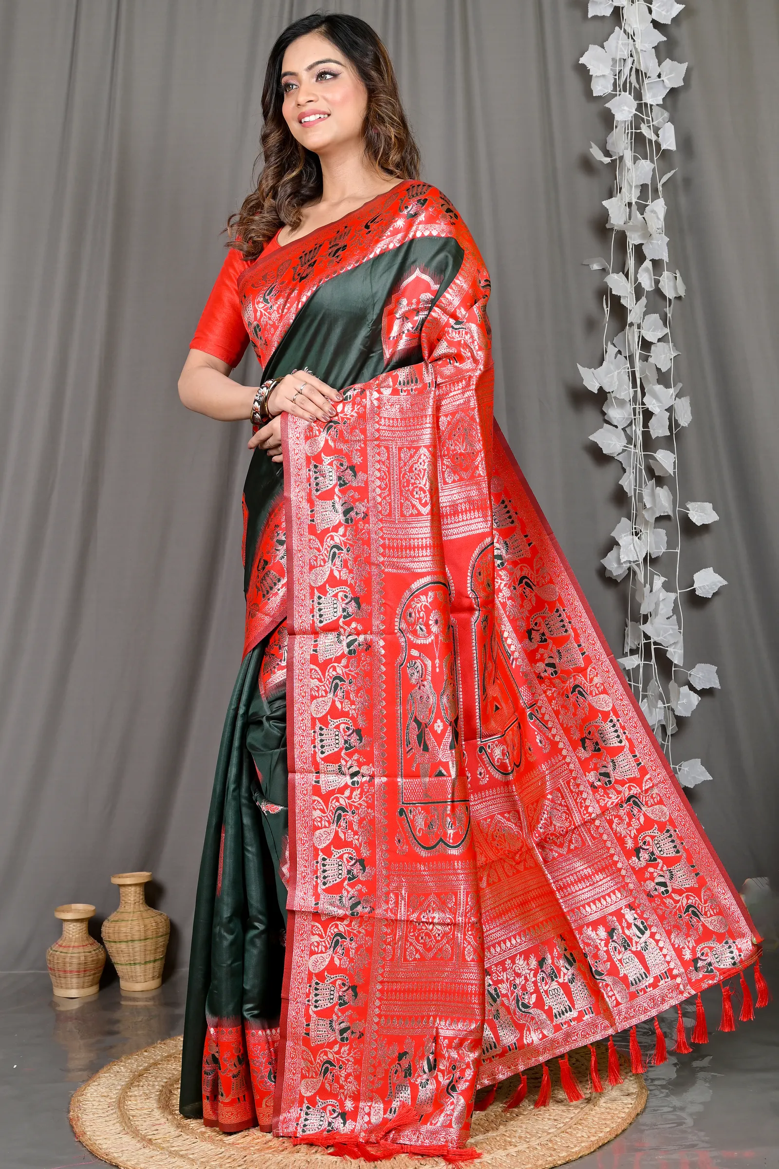 DipDiya Cotton Silk Green Red Parza Artisan Crafted Baluchari Sarees
