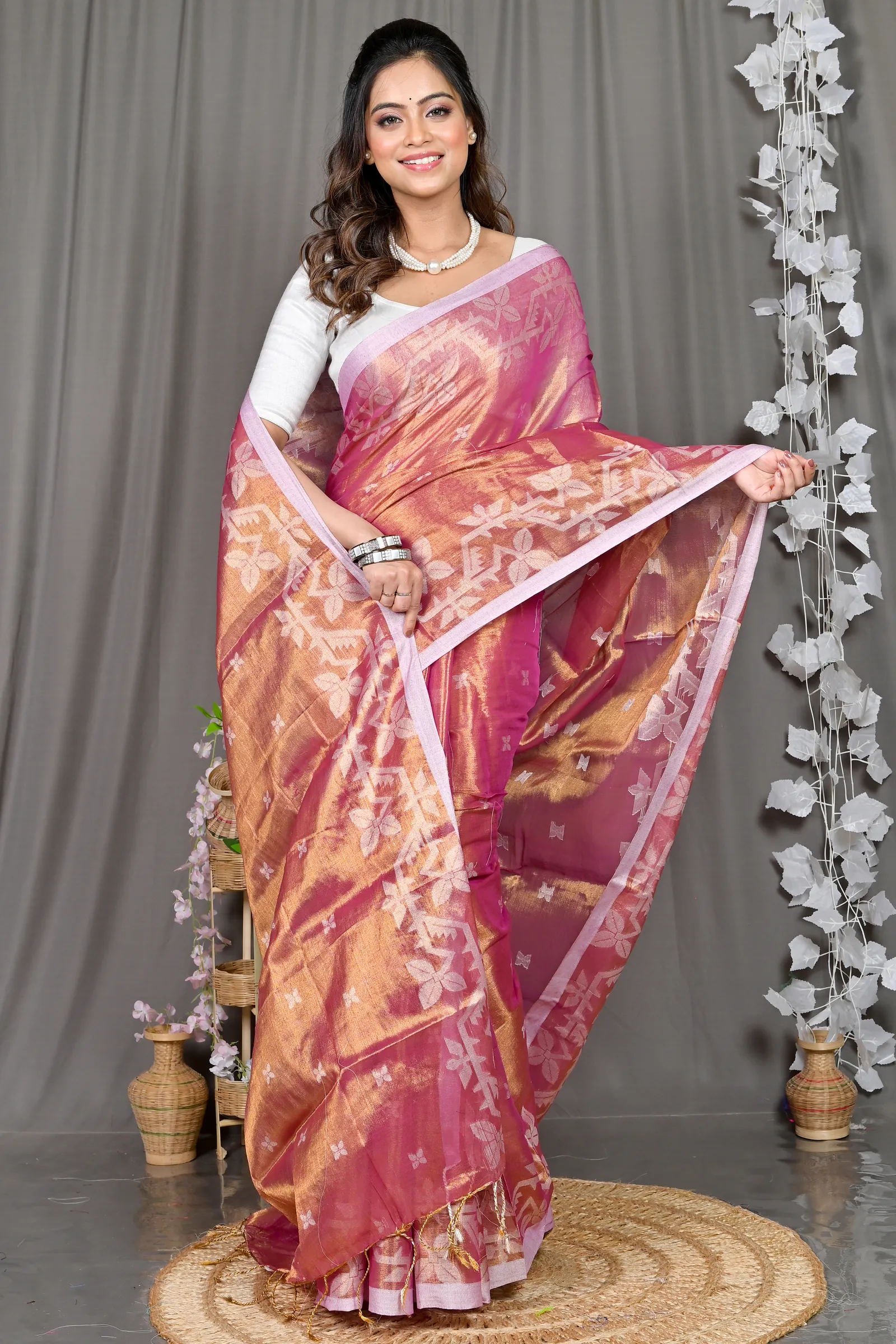 DipDiya Cotton Silk Lotus Pink Parashar Weaves with a Story Tissue Jamdani Sarees