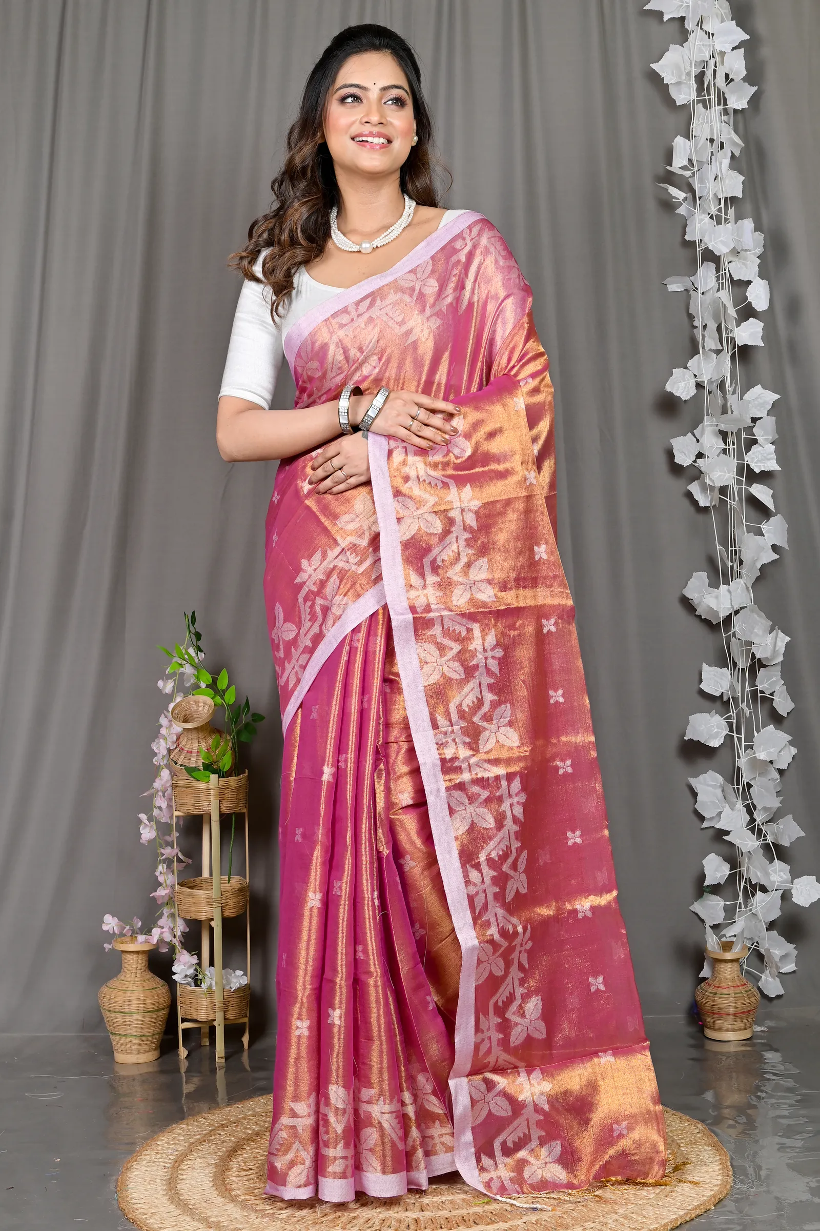 DipDiya Cotton Silk Lotus Pink Parashar Weaves with a Story Tissue Jamdani Sarees