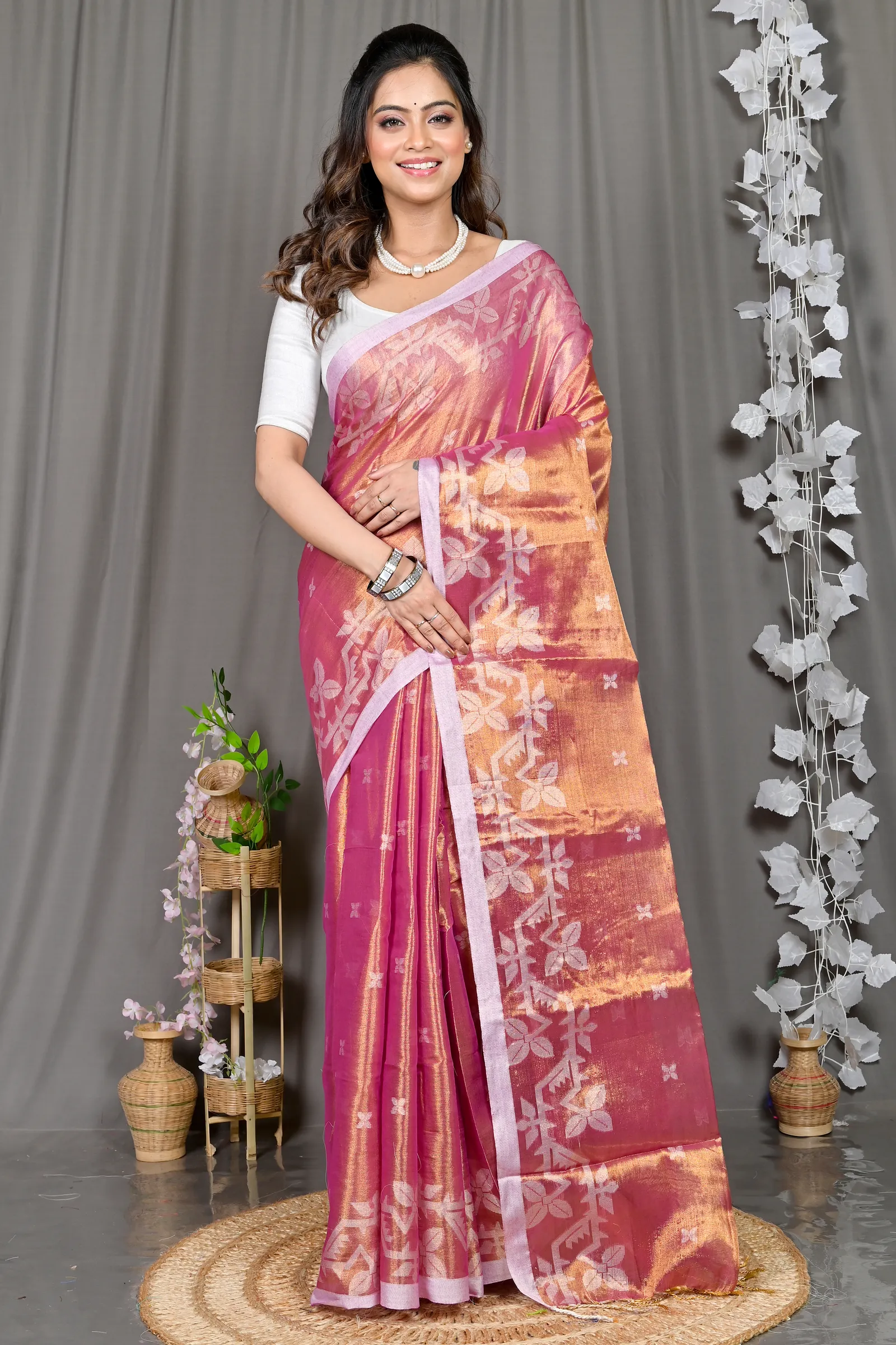 DipDiya Cotton Silk Lotus Pink Parashar Weaves with a Story Tissue Jamdani Sarees