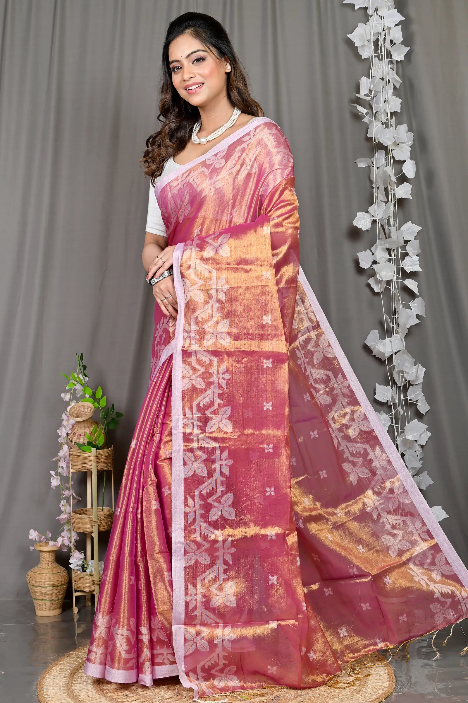 DipDiya Cotton Silk Lotus Pink Parashar Weaves with a Story Tissue Jamdani Sarees