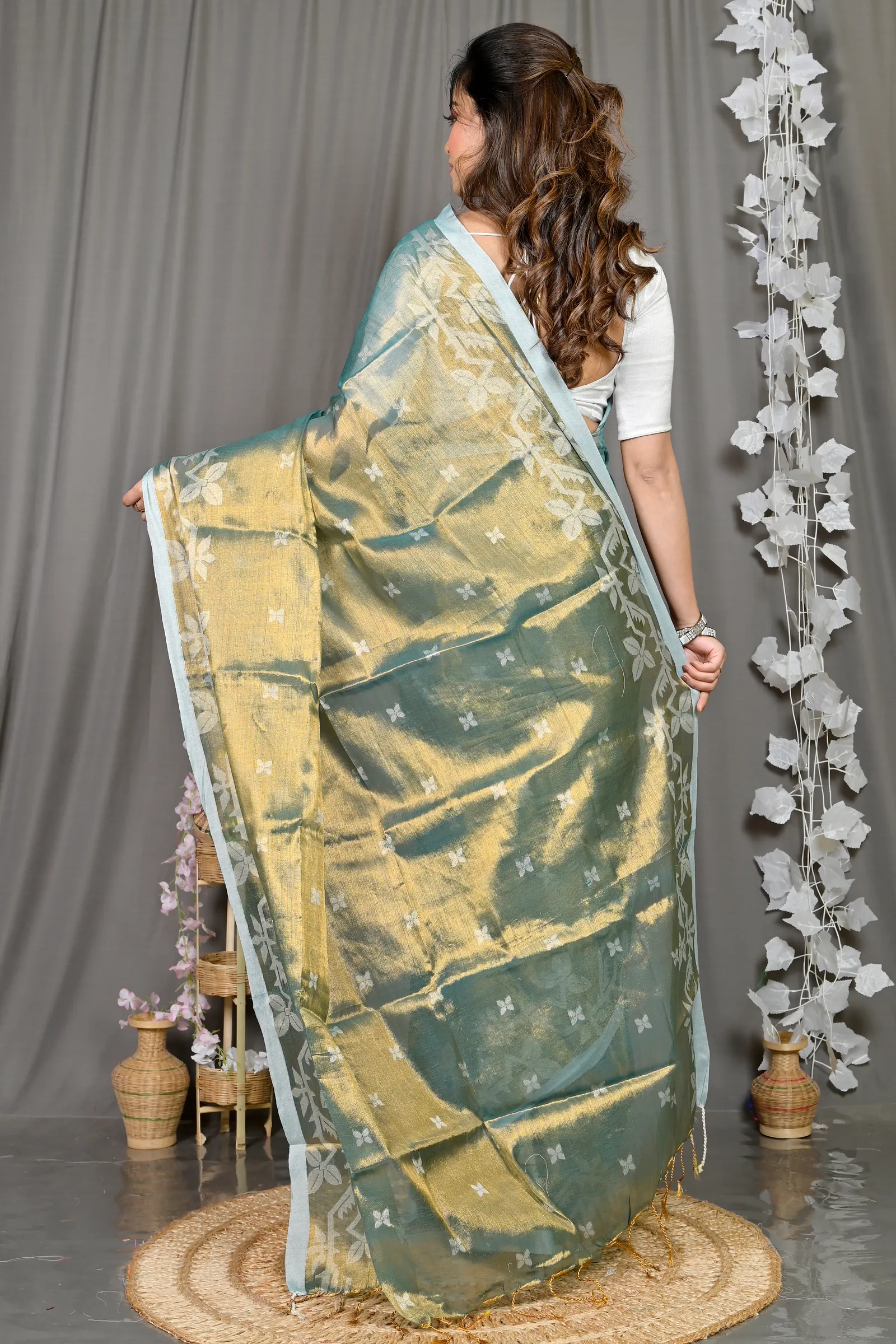 DipDiya Cotton Silk Olive Green Parashar Woven with Love Tissue Jamdani Sarees