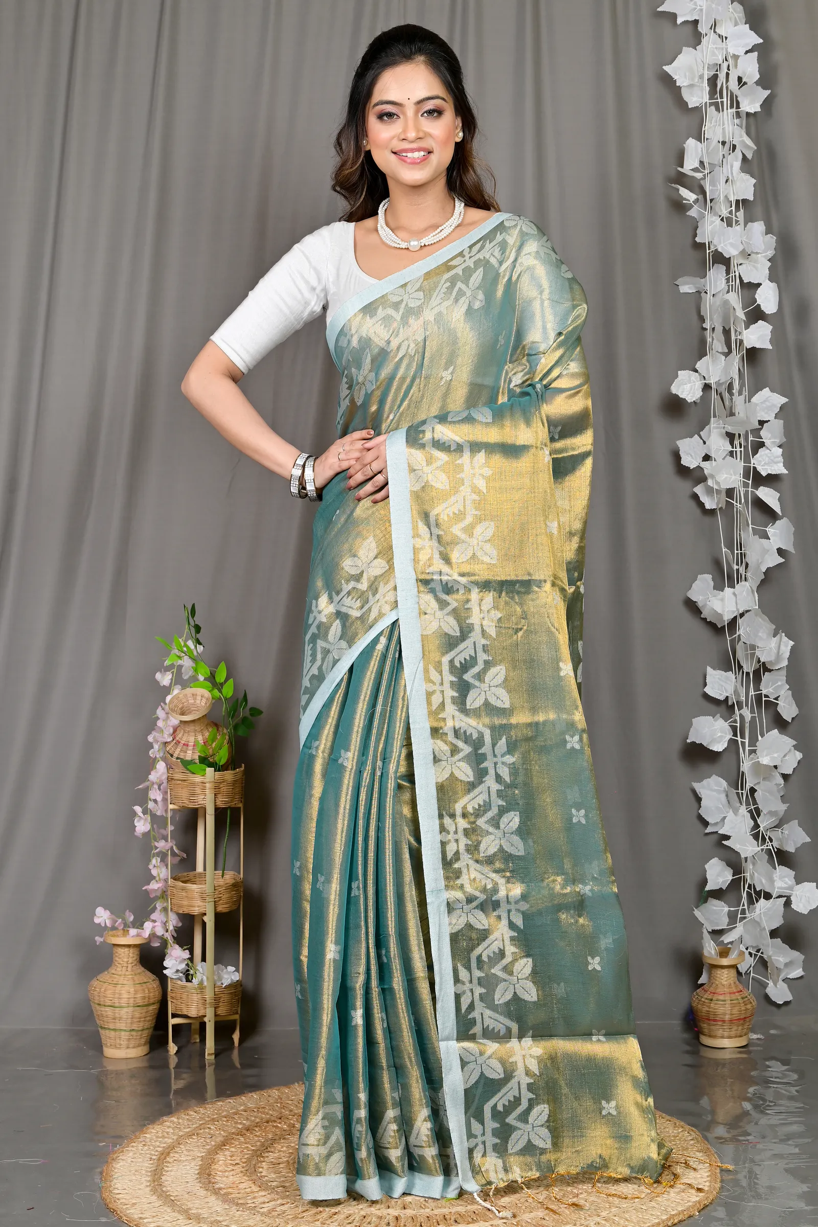 DipDiya Cotton Silk Olive Green Parashar Woven with Love Tissue Jamdani Sarees