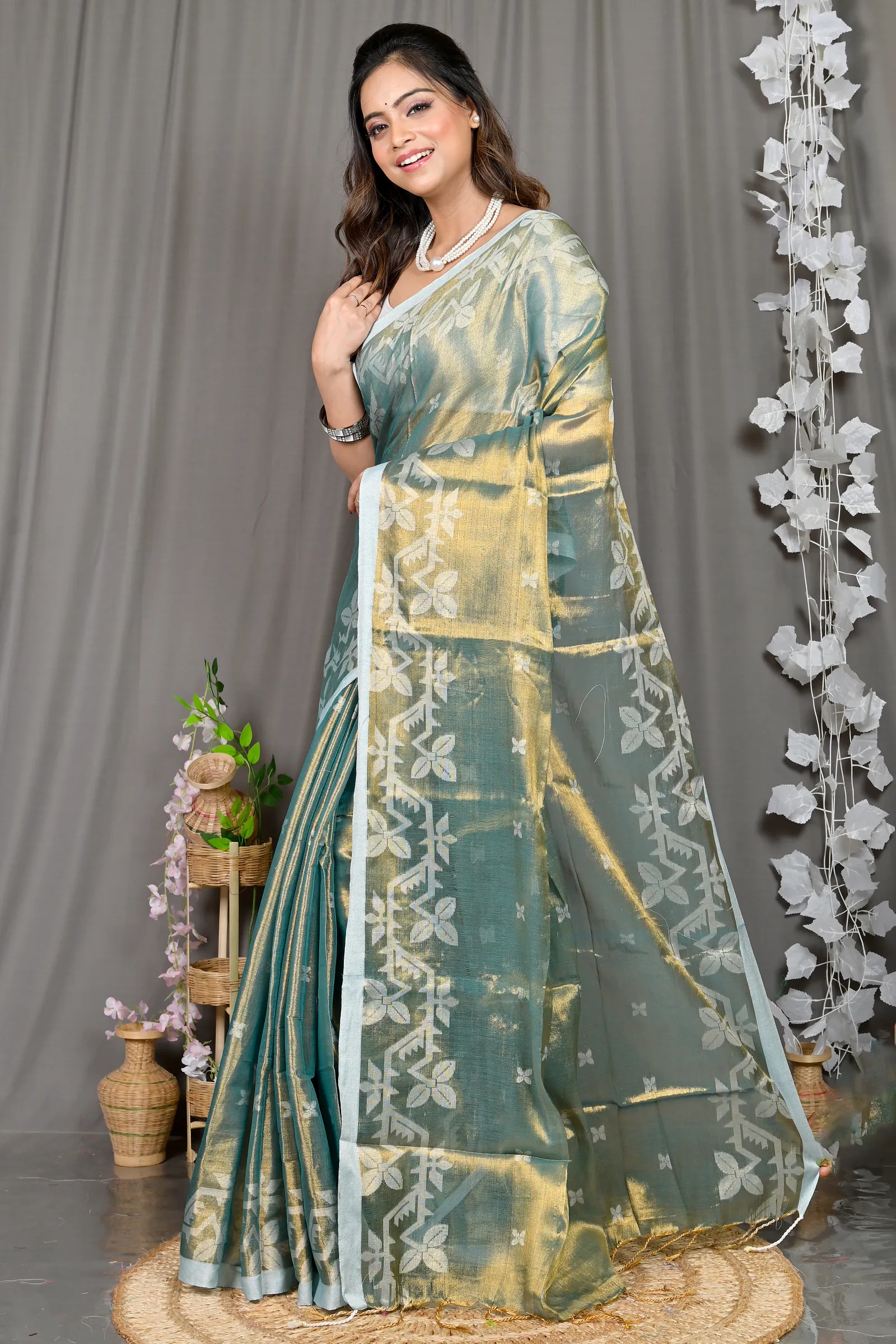 DipDiya Cotton Silk Olive Green Parashar Woven with Love Tissue Jamdani Sarees