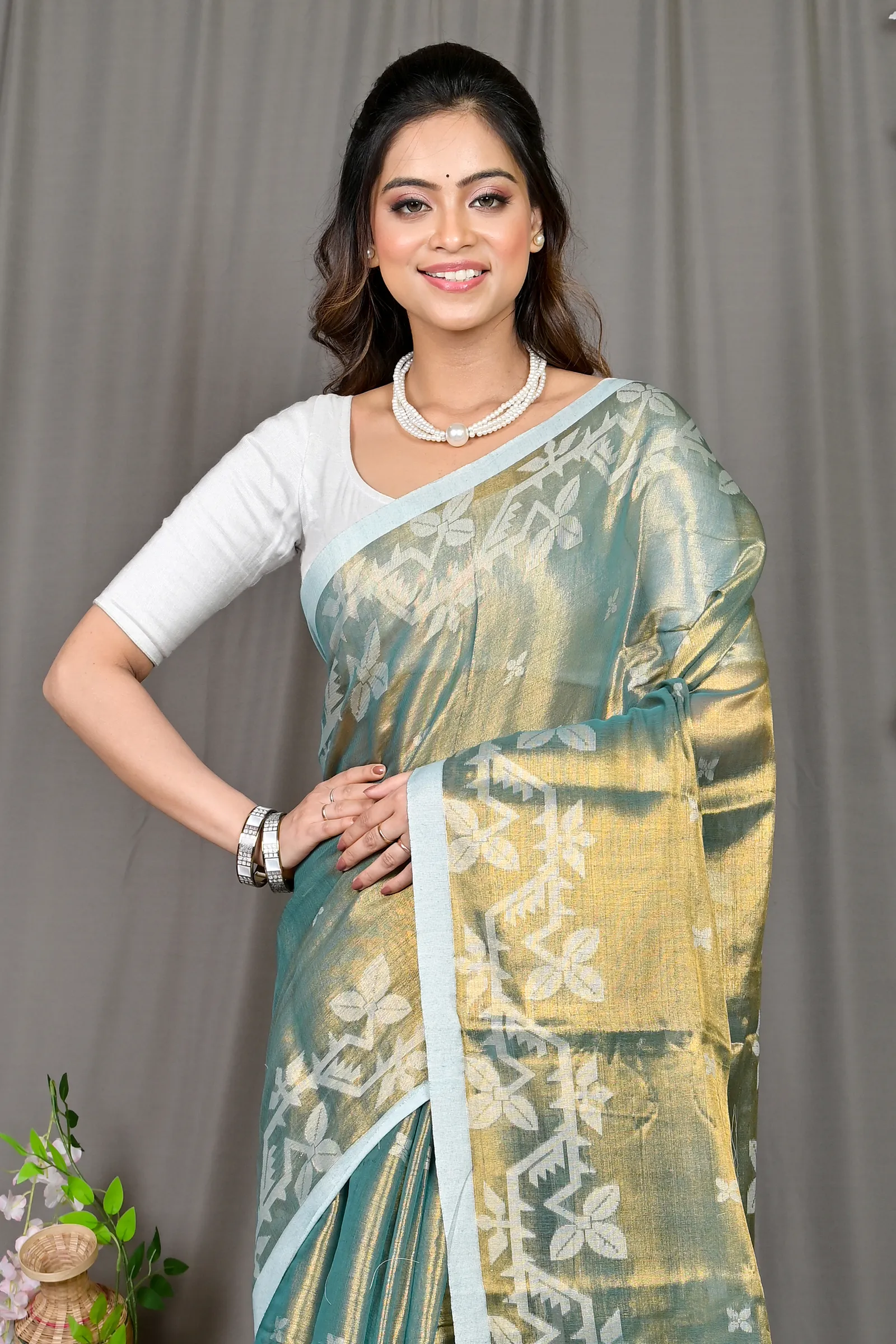 DipDiya Cotton Silk Olive Green Parashar Woven with Love Tissue Jamdani Sarees