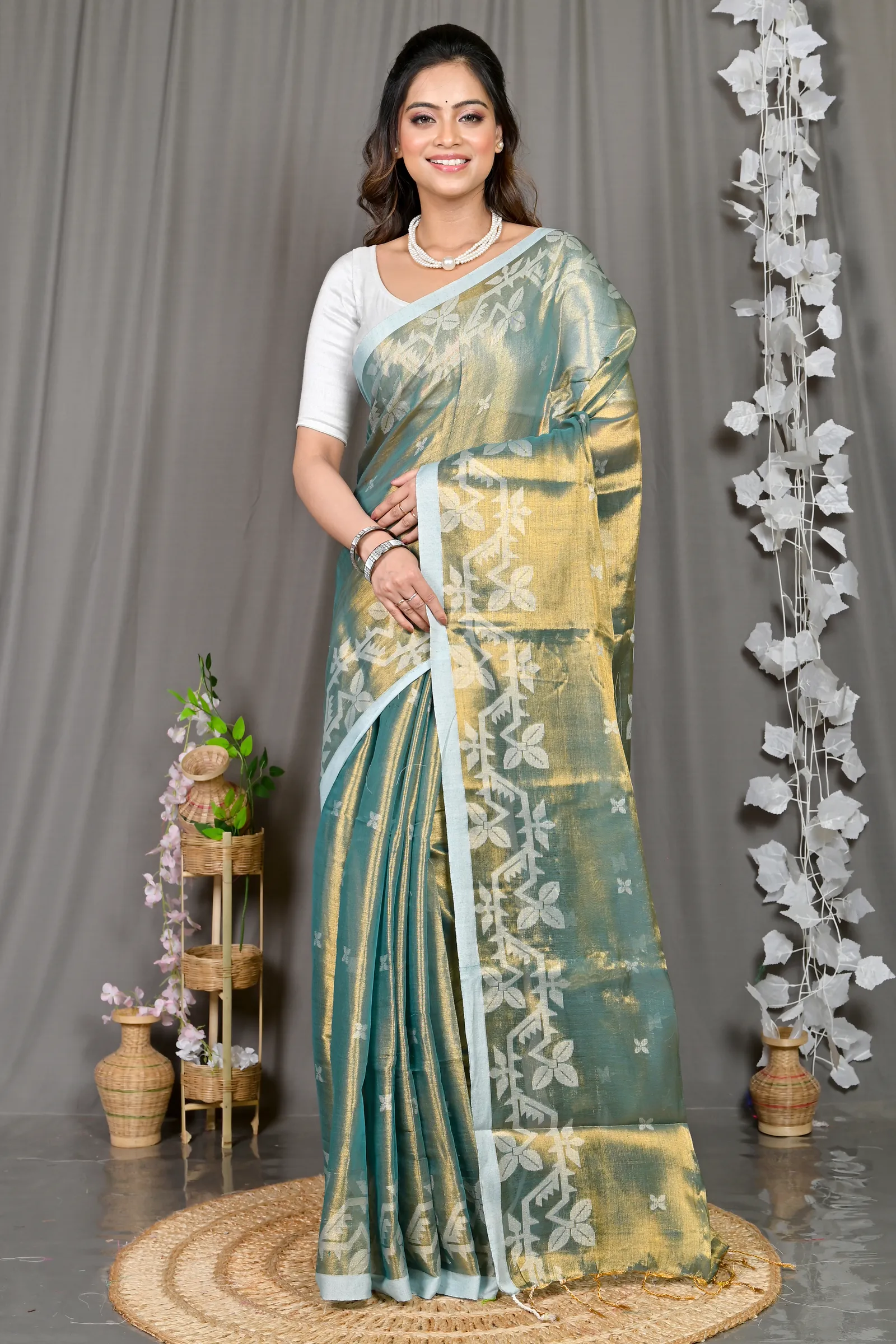 DipDiya Cotton Silk Olive Green Parashar Woven with Love Tissue Jamdani Sarees