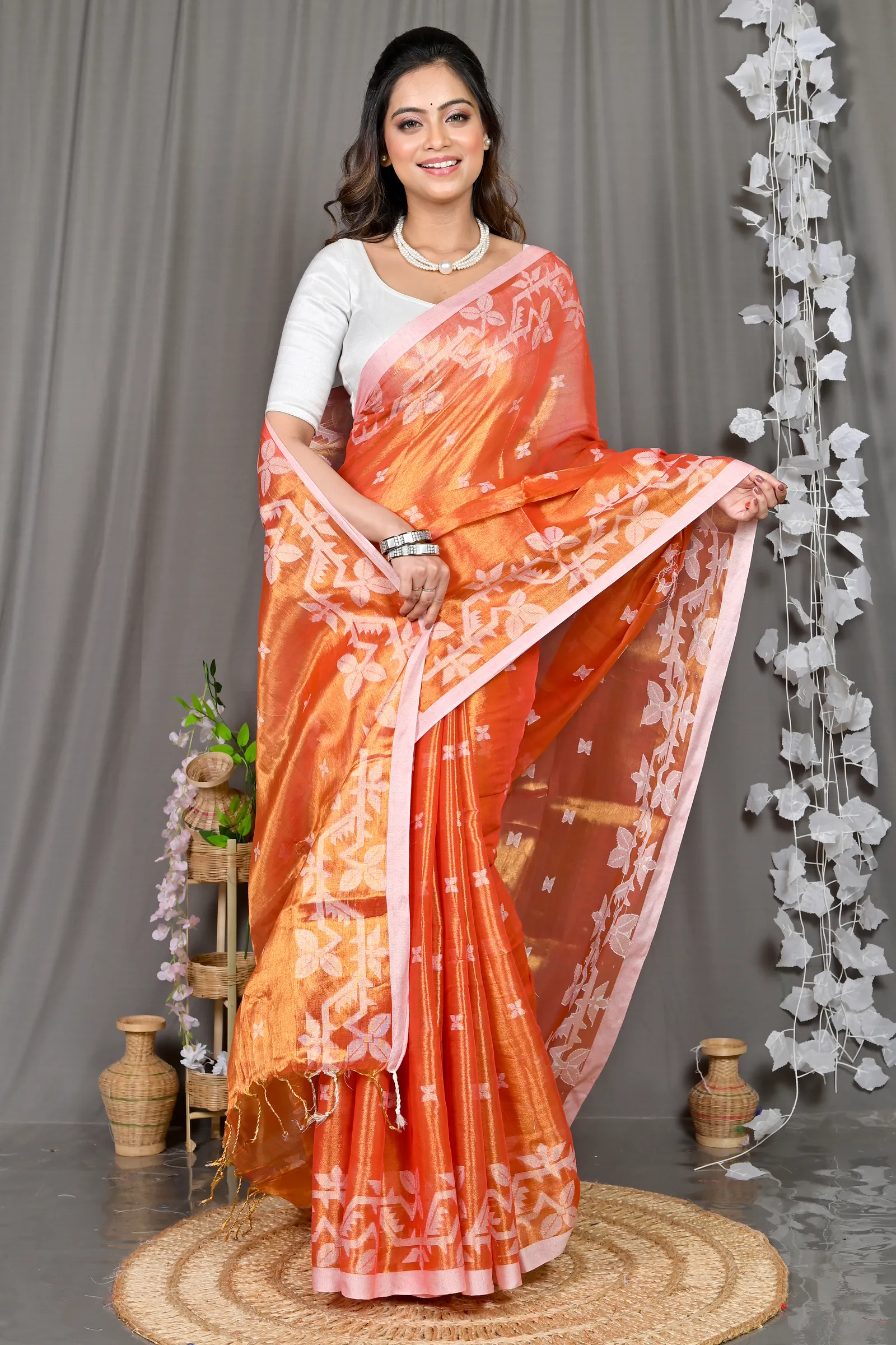 DipDiya Cotton Silk Orange Parashar Woven with Tradition Tissue Jamdani Sarees