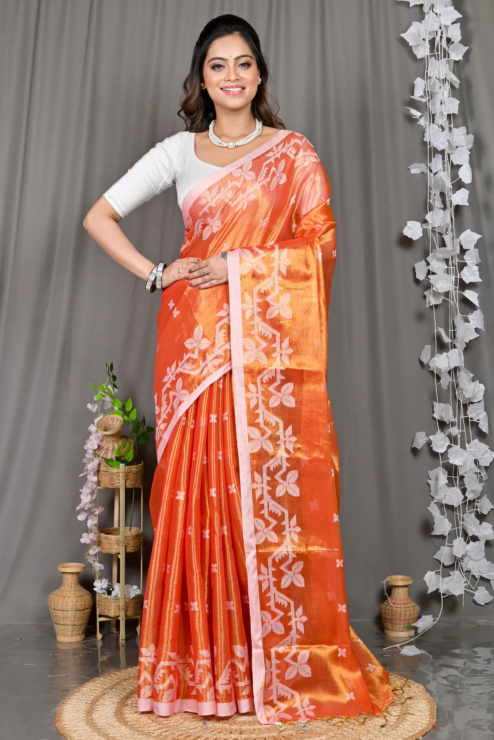 DipDiya Cotton Silk Orange Parashar Woven with Tradition Tissue Jamdani Sarees
