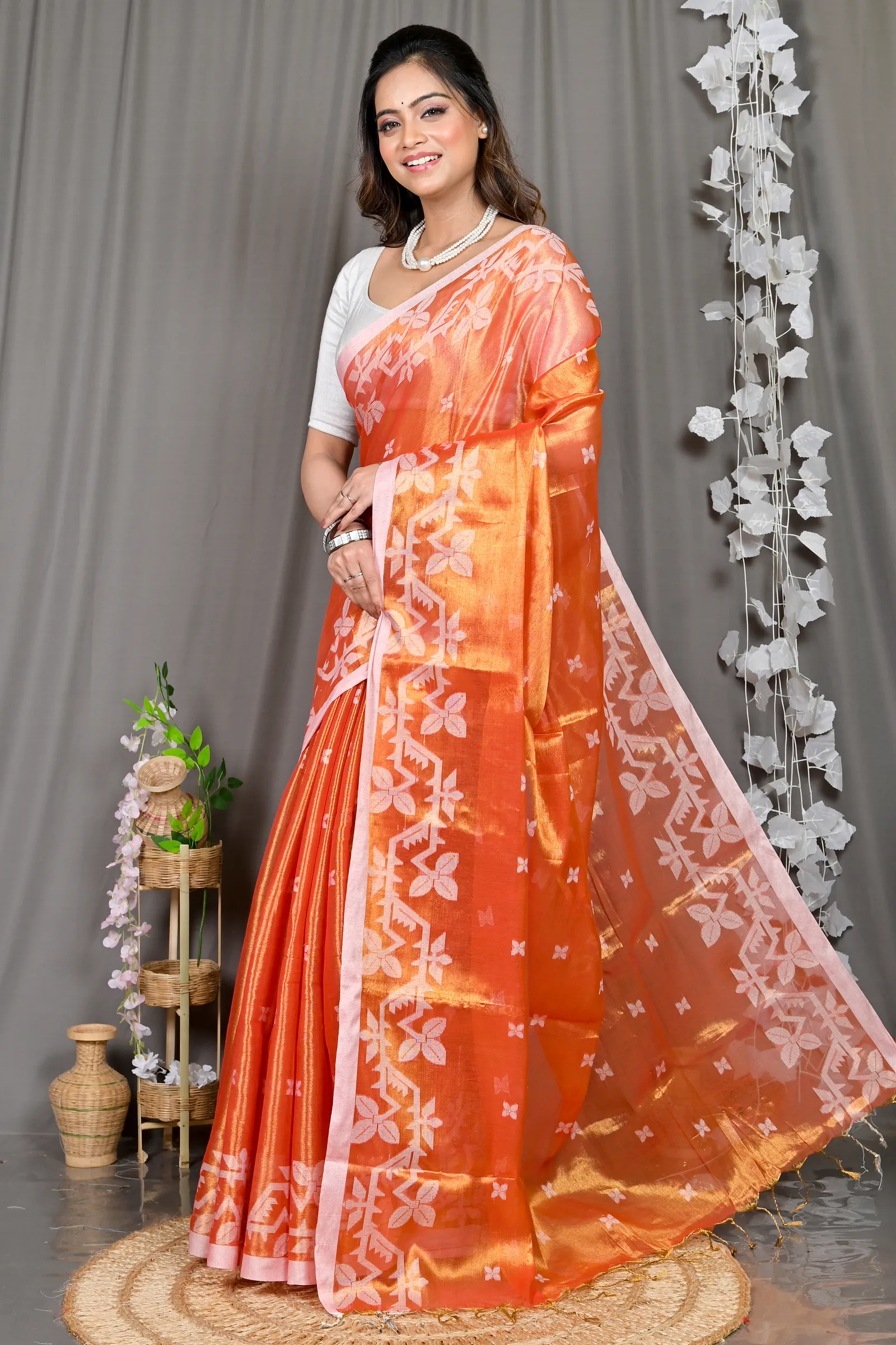 DipDiya Cotton Silk Orange Parashar Woven with Tradition Tissue Jamdani Sarees