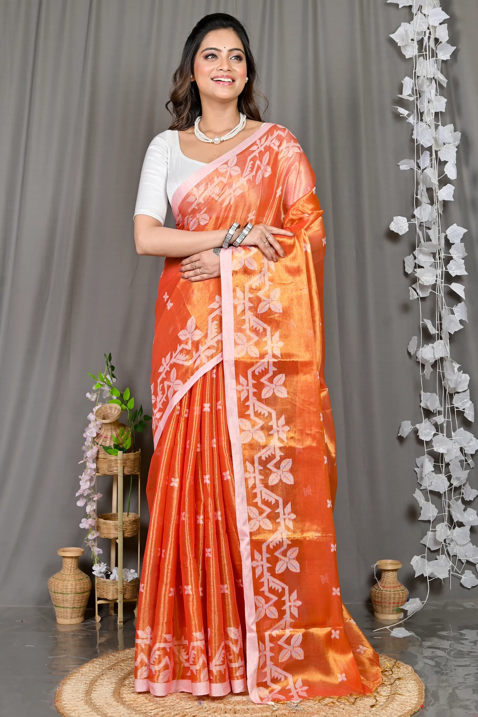 DipDiya Cotton Silk Orange Parashar Woven with Tradition Tissue Jamdani Sarees